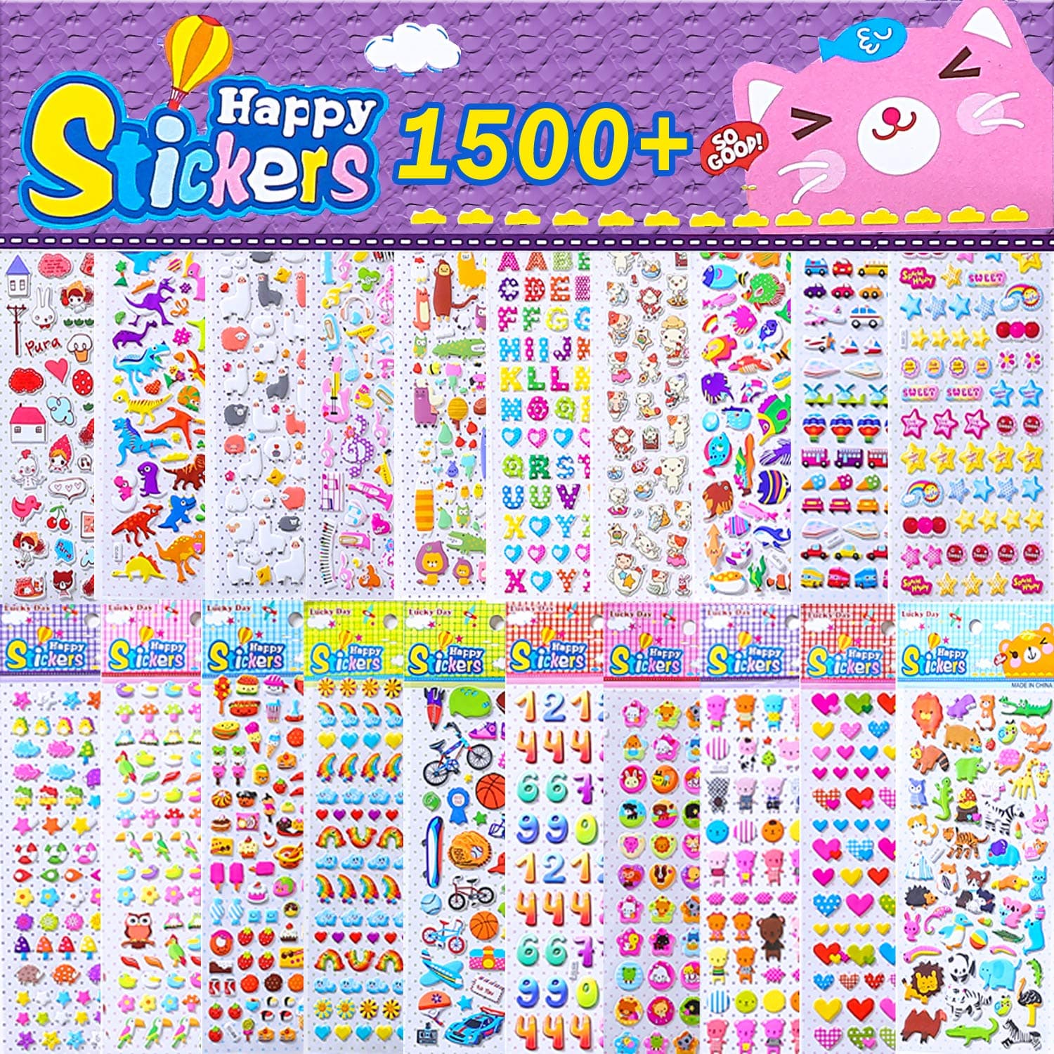 Kids Stickers 1500+, 20 Different Sheets, 3D Puffy Stickers, Bulk Pack for Craft Scrapbooking, Great Gift Idea for Children, Including Balls, Birds, Dinosaurs, Music Note and More