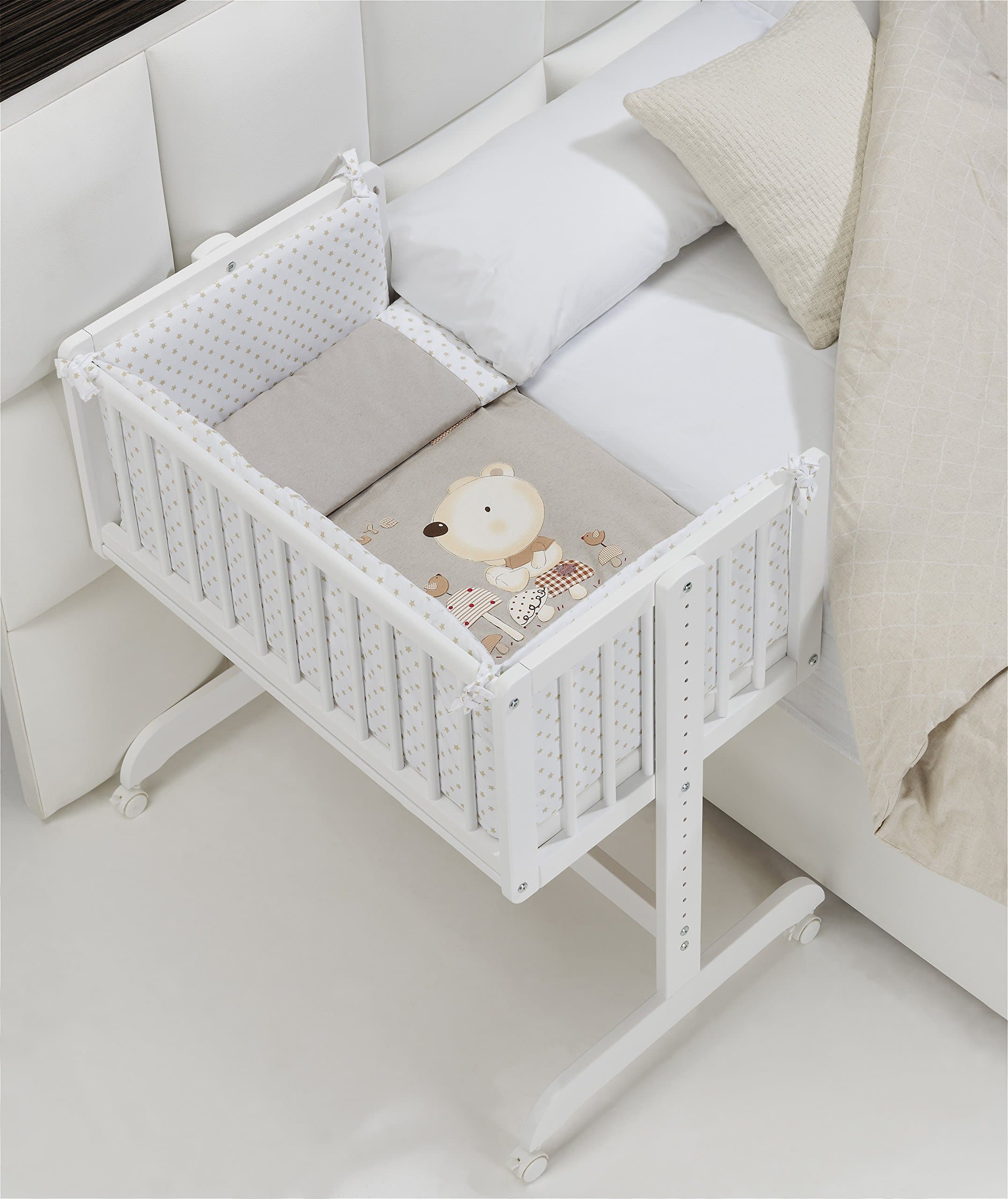 Complete Co-Sleeping Mini Cot - Includes Detachable Filled Duvet Cover + Pillow + 2 Protectors with Zip + Mini Cot Mattress + 4 Wheels with Brakes