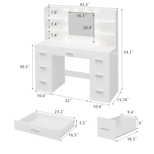 Furmax Dressing Table with Mirror, LED Lights and Power Outlet with 7 Drawers and 6 Storage Shelves for Bedroom (White)