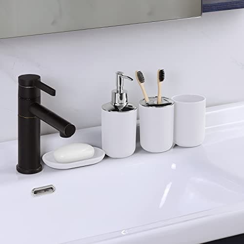 IMAVO Bathroom Accessory Set - 8 Pcs White Set with Trash Can, Soap Dispenser, Soap Dish, Toothbrush Holder, Toothbrush Cup, Toilet Brush Holder, Qtip Dispenser