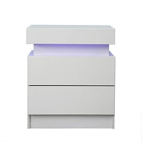 Modern LED End Table & Nightstand for Bedroom,Night Table Nightstand with Light Built in Multi-Colour,High Gloss LED Night Stand Bedside Cabinet with 2 Drawers,Black/White LED Nightstand (White)
