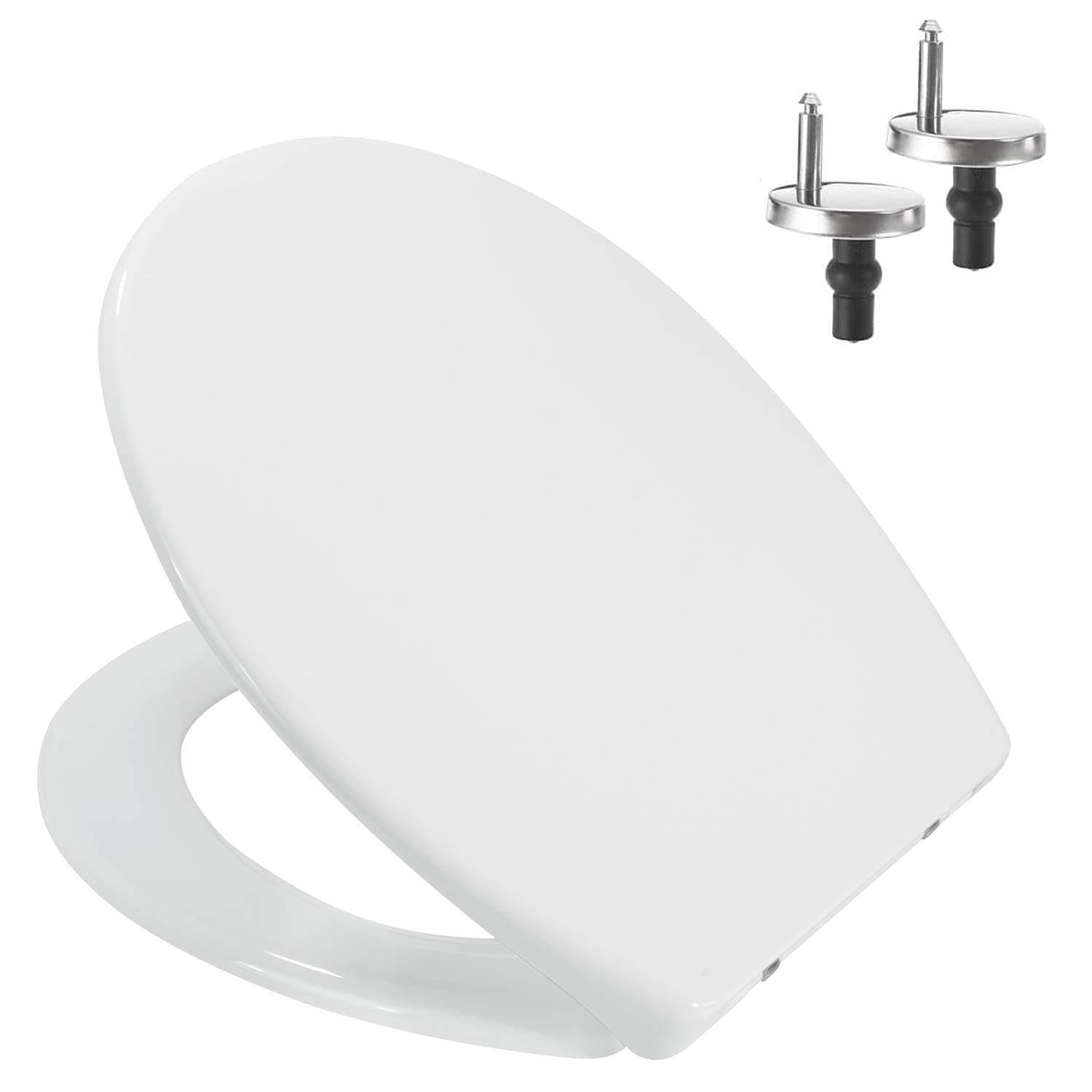 Soft Close Toilet Seat – White Plastic Loo Seat with Quick Release, Top Fix Adjustable Hinges, Standard Oval Toilet Seat (450mm x 370mm)