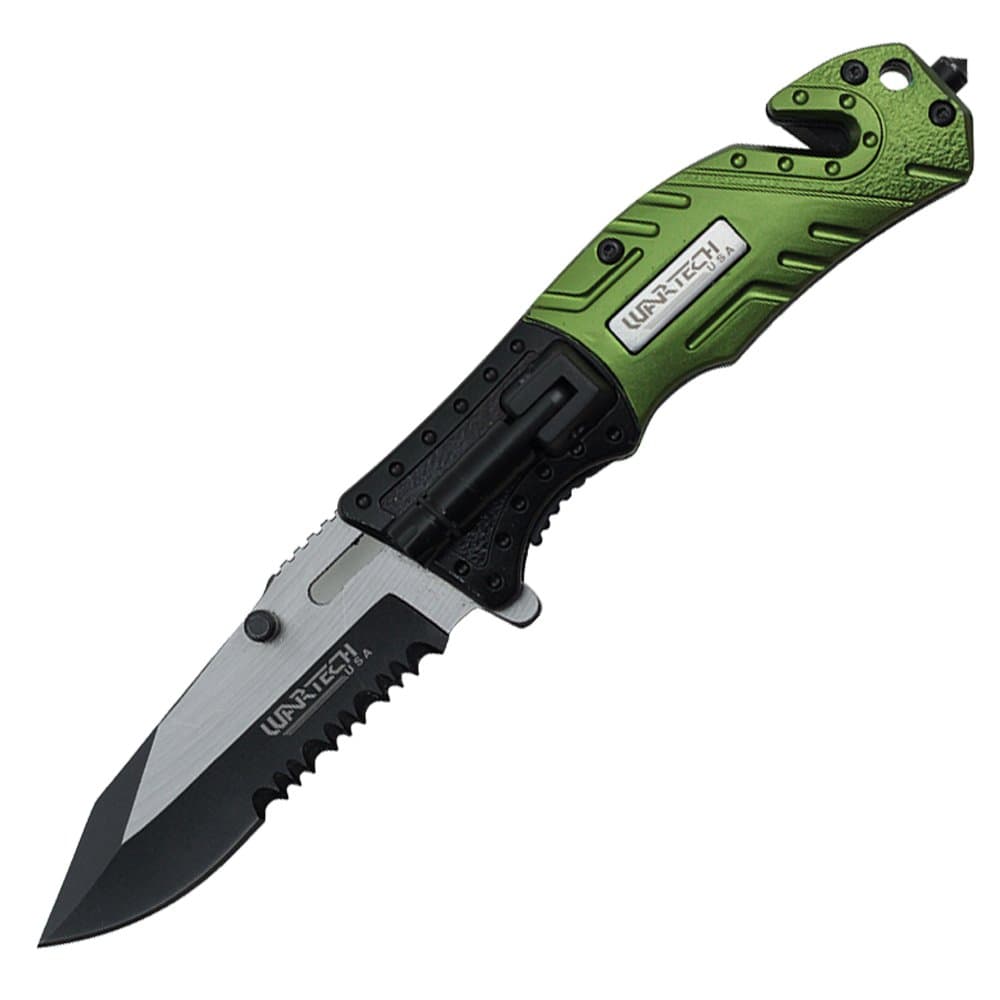 YC-S-9023-GN Assisted Open Folding Tactical Survival Pocket Knife with Two Tone Blade, Black/Green Handle and LED Light, 8"