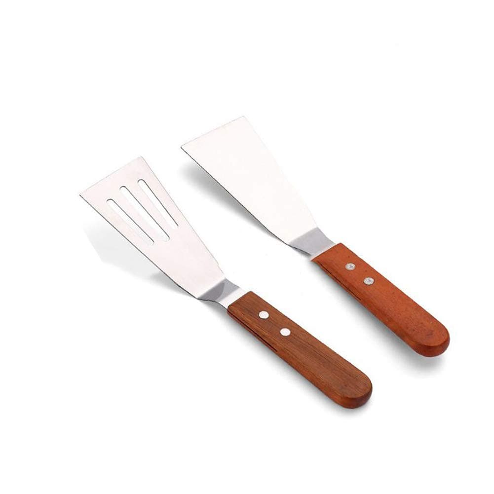 Metal Spatula Set-2pcs Slotted fish spatula,Griddle Scraper and Pancake Flipper or Hamburger Turner, flipper With Wooden Handle Kitchen Server