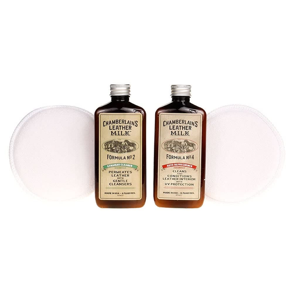 Leather Milk Auto Leather Cleaner & Conditioner Kit (2 Formula Car Detailing Set) - Straight Cleaner No. 2 + Auto Refreshener No. 4 - All Natural, Non-Toxic. Made in USA. Includes 2 Detailing Pads!