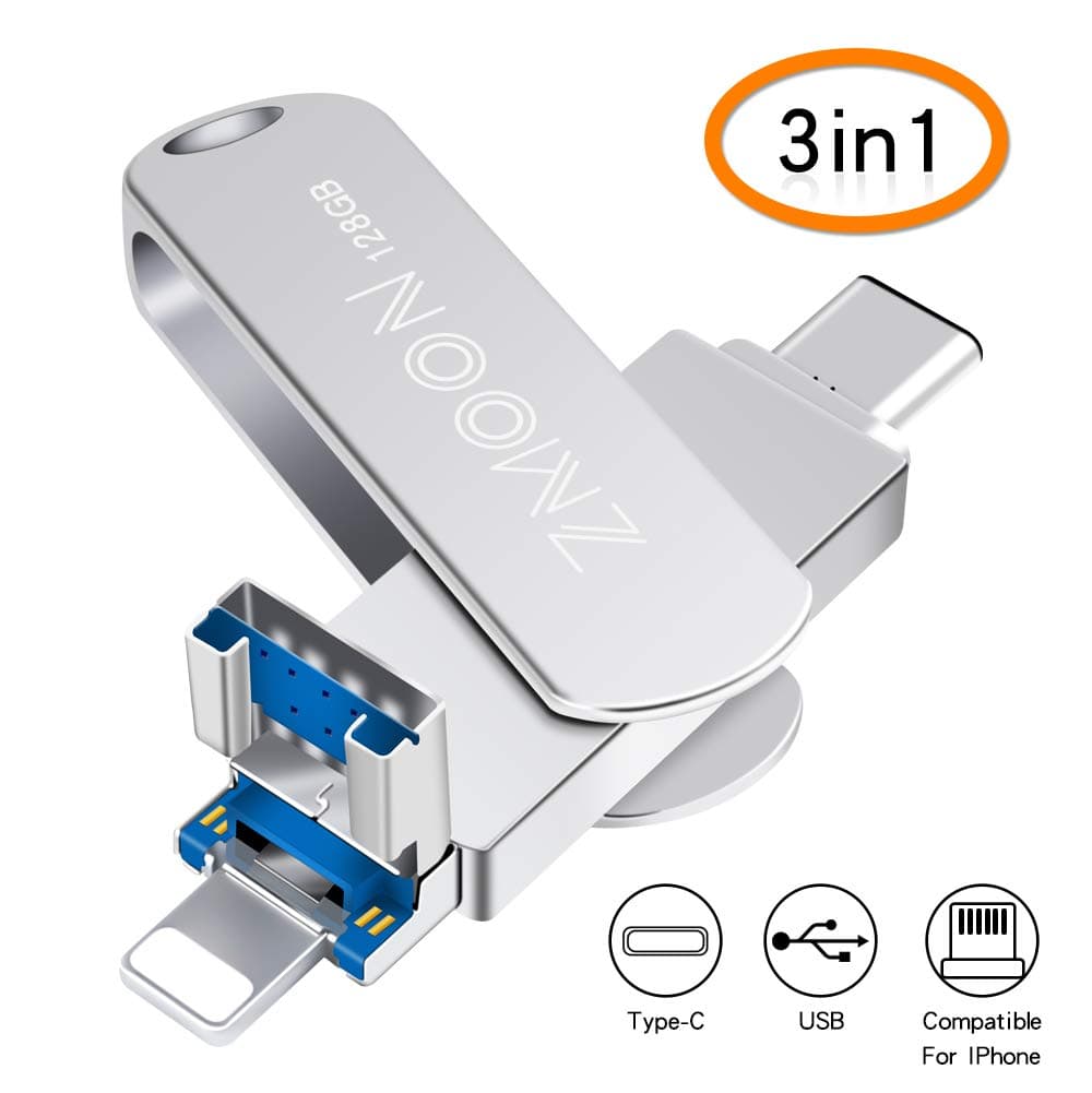 128 GB 3 in 1 USB Flash Drive, Memory Expansion Multi-Functions USB Stick Compatible for iPhone/Android(Type-C)/Windows (128GB)
