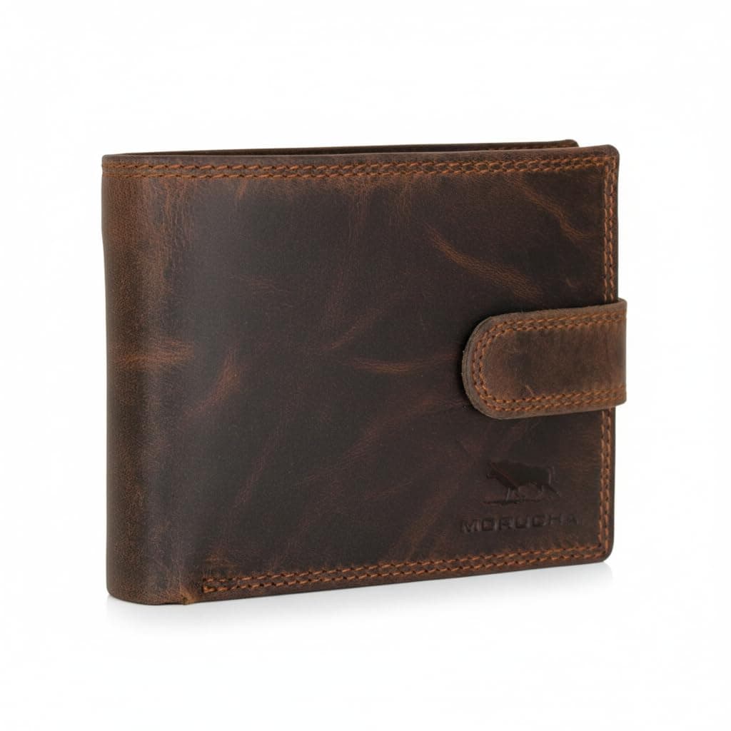 Men’s RFID Blocking Leather Trifold Wallet – Genuine Hunter Leather Coin Wallet with 6 Card Slots, ID Window & 2 Note Compartments – Minimalist Money Organiser Gift Boxed (M80 Dark Brown)