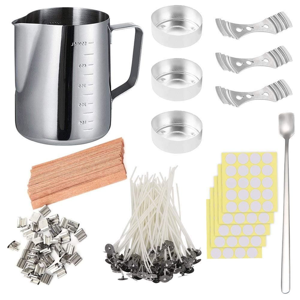 DIY Candle Making Set, 600ml Pouring Pot with Scale+100pcs Candle Wicks+20pcs Wood Natural Candle Wicks with Metal Stands+100pcs Sticker+3pcs 3-Hole Holder+Stirring Spoon+3pcs Aluminum Mold, Low Smoke