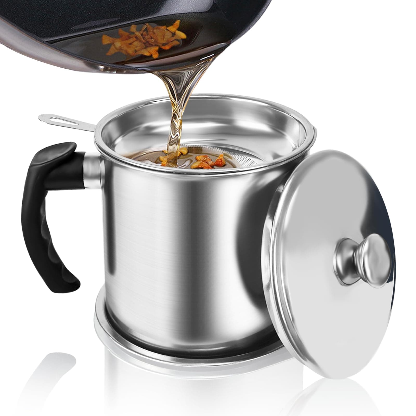 Jtshy Bacon Grease Container With Strainer,1.3L(46 Fl. Oz.) Kitchen Stainless Steel Oil Container Can With Strainer & Anti-Slip Coaster Tray For Store Meat Frying Oil & Cooking Grease Storage,Silver