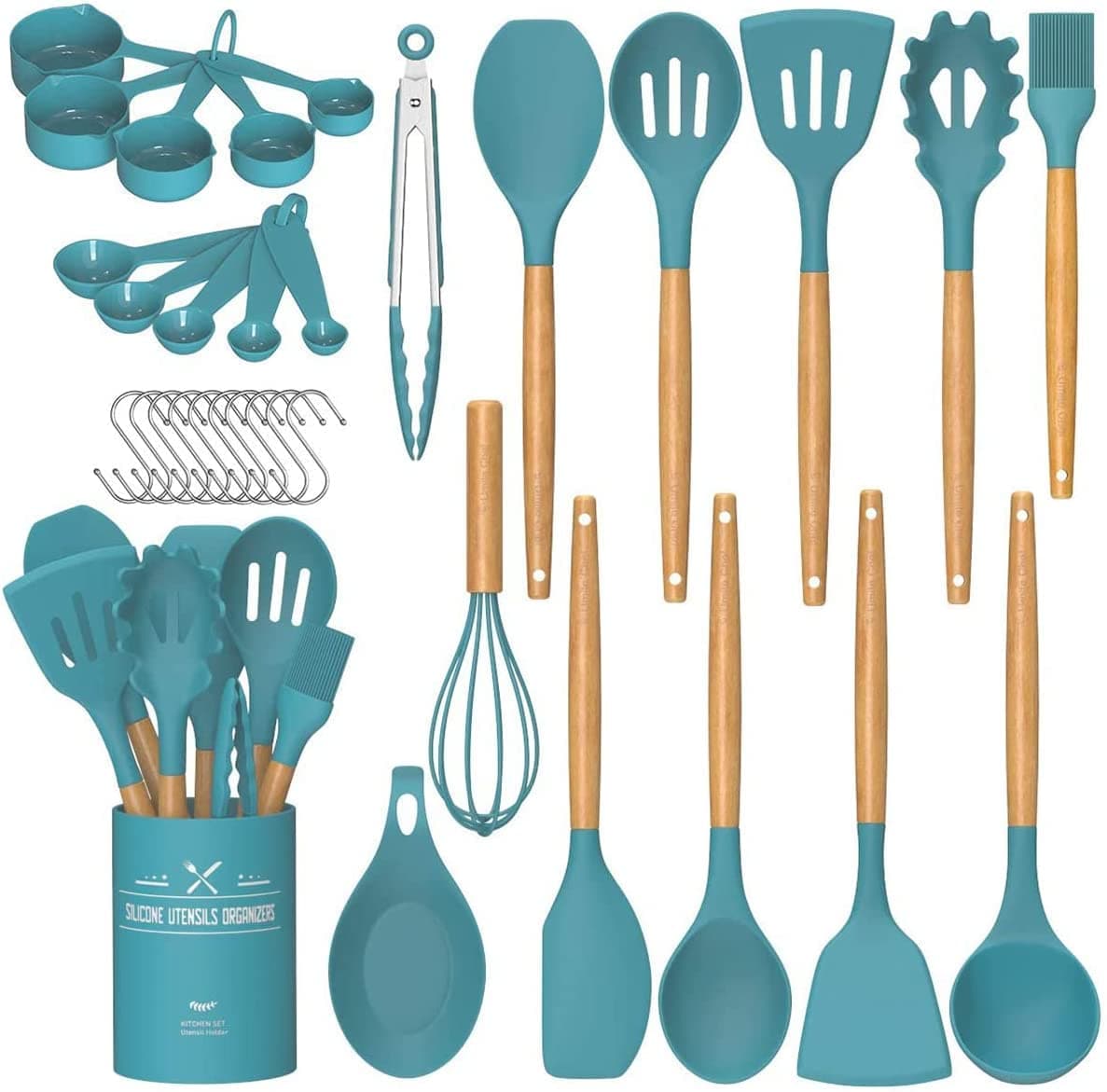 Umite Chef Kitchen Cooking Utensils Set, 33 pcs Non-stick Silicone Utensils Spatula Set with Holder, Silicone Kitchen Gadgets Utensil Set(Dark Blue)