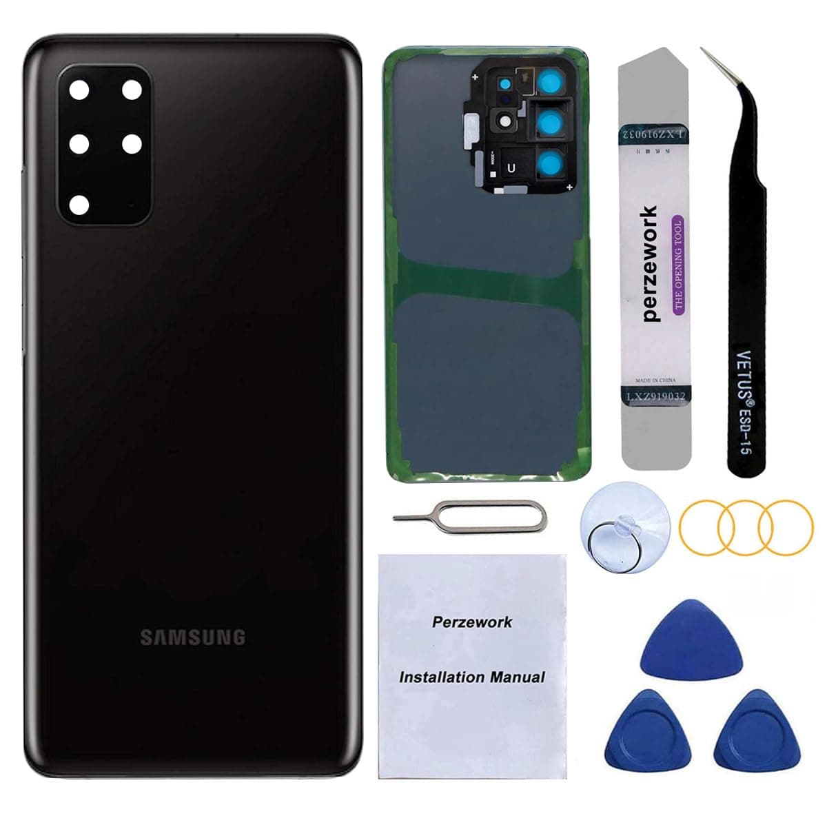 OEM Rear Back Glass Replacement for Samsung Galaxy S20 Plus 6.7 inches with Reparing Toolkit and Pre-Installed Adhesive (Cosmic Black)