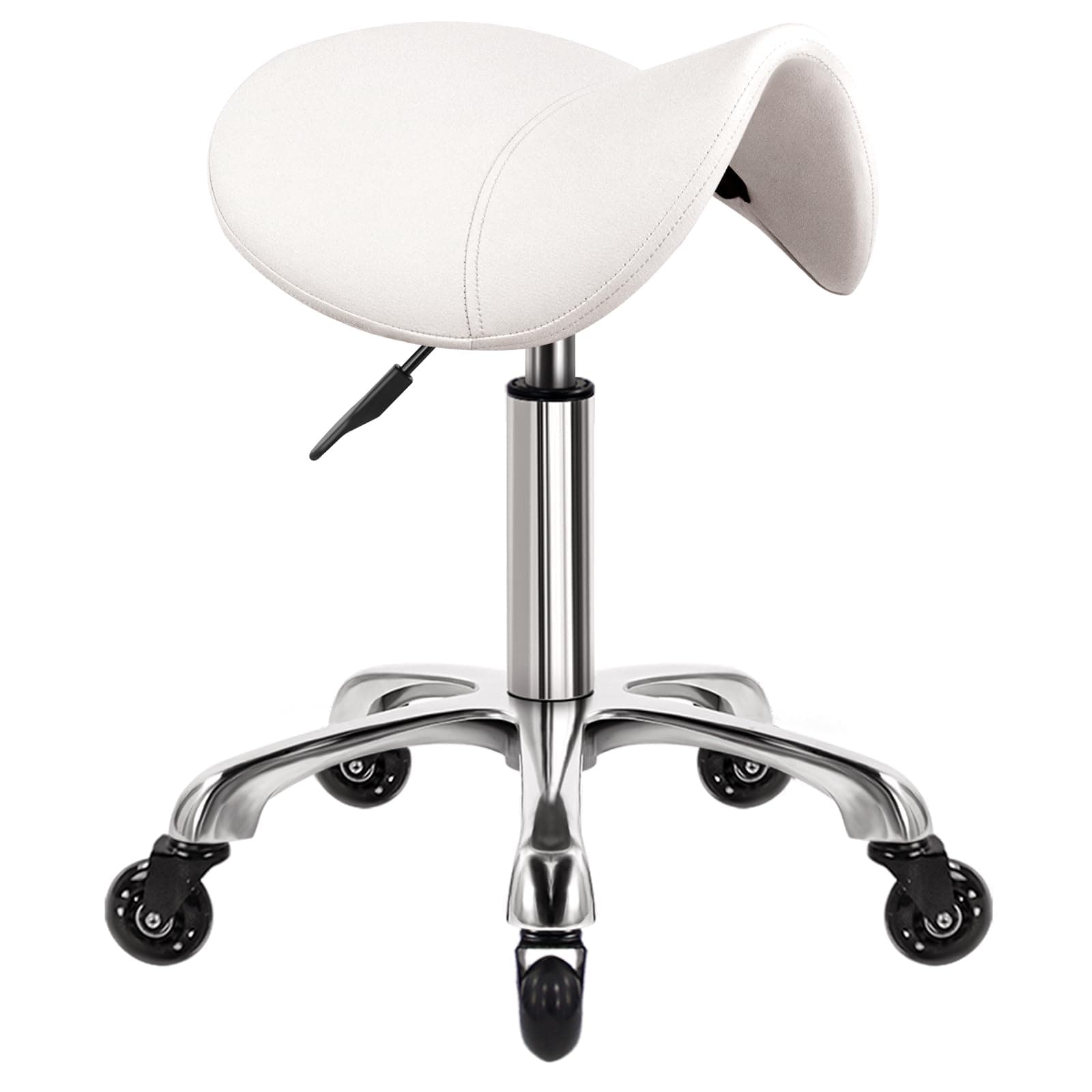 Heavy Duty Saddle Rolling Stool with Wheels Hydraulic Swivel Adjustable Seat Chair for Kitchen Drafting Lab Office Salon Message - White