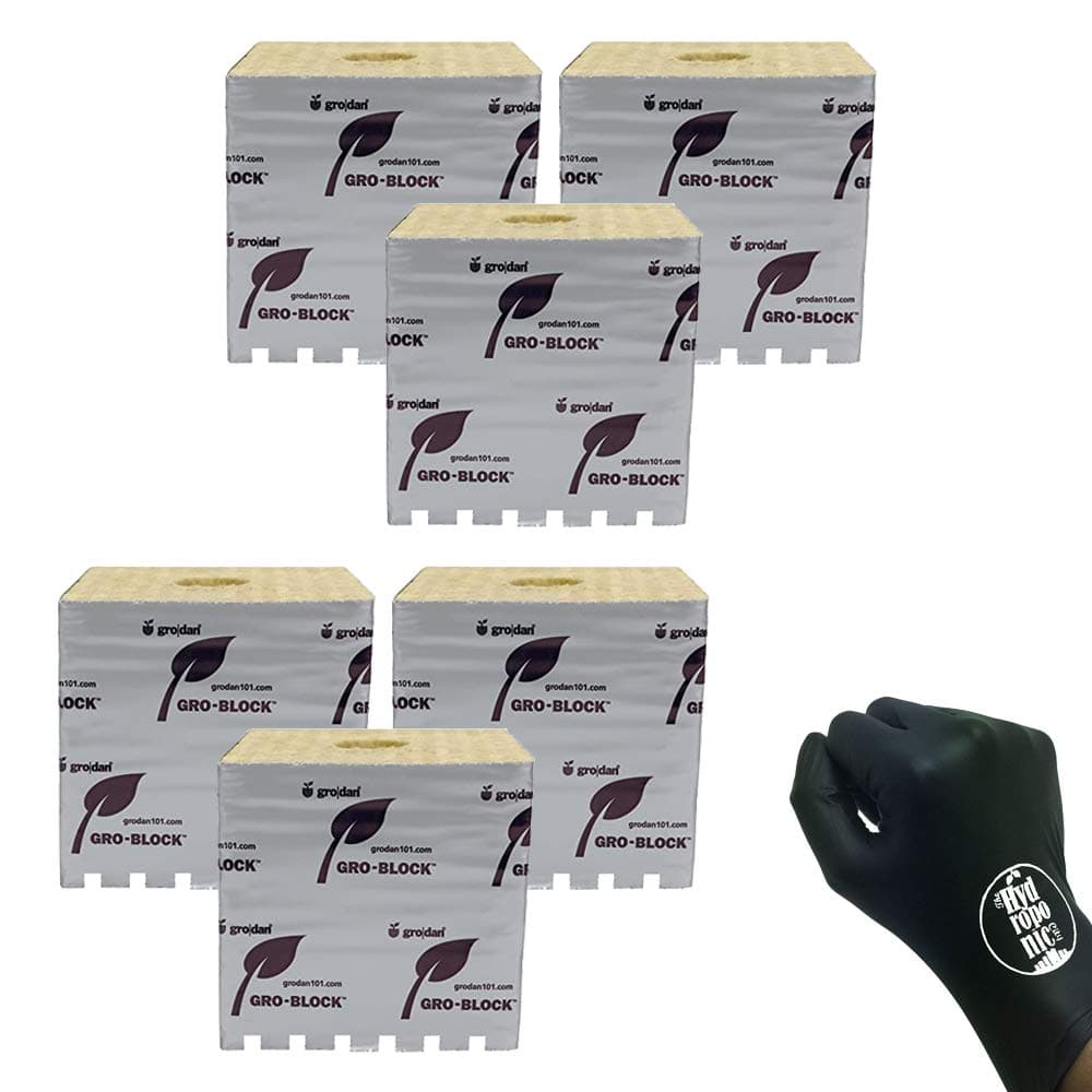Grodan Rockwool Wrapped Gro-Blocks | 4" Cube - Pack of 6 | + THCity Gloves