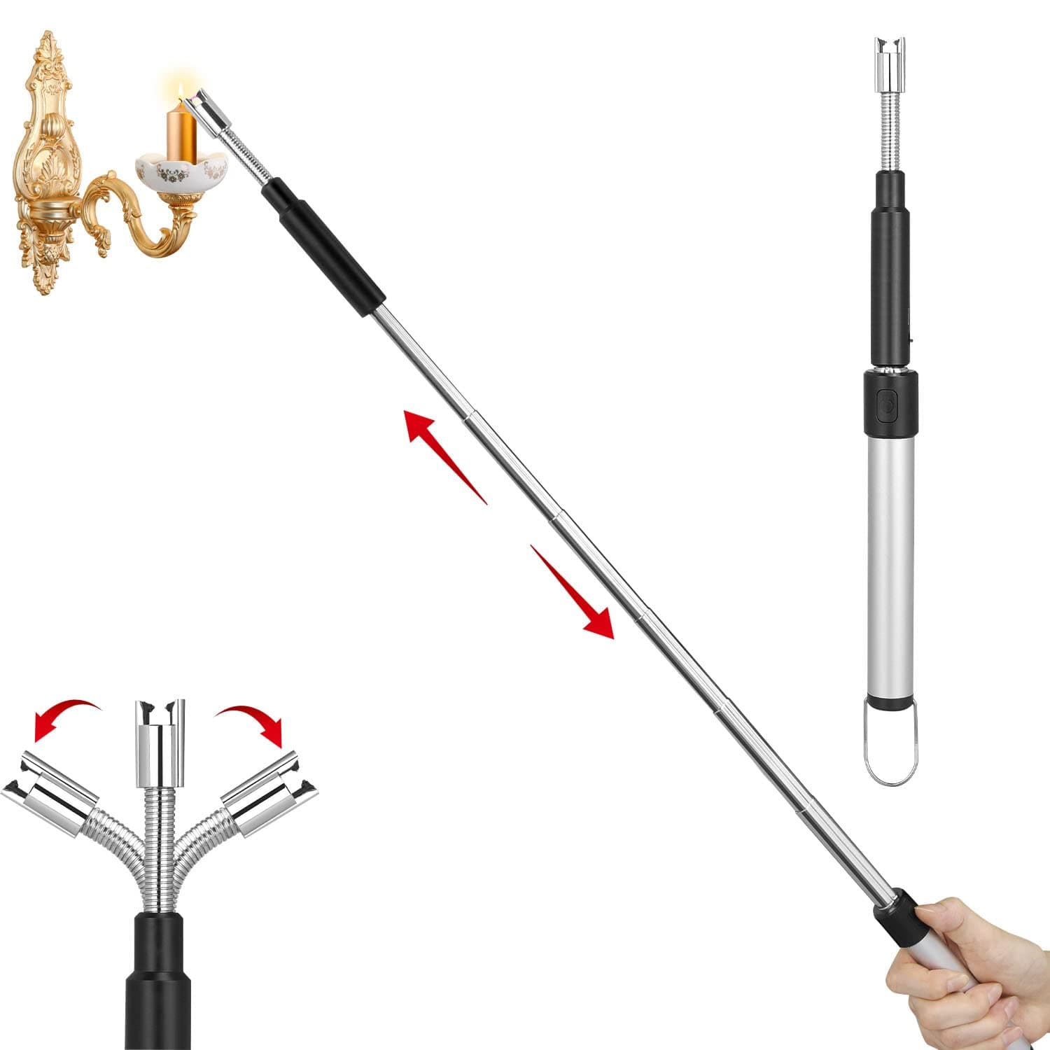 Electric Arc Lighter - Rechargeable Plasma Lighter with 11.4"-27.55" Adjustable Neck, Windproof & Flameless for Candles, Fireplaces, Fire Pits (Silver)