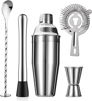 5-Piece Cocktail Shaker Set Shaker Strainer Jigger T-Mixing Spoon Muddler Bartender Kit Stainless Steel Bar Set Housewarming Gift