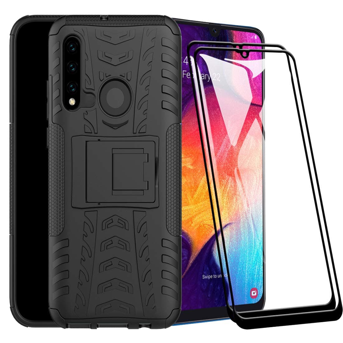 FANFO® Case for Samsung Galaxy A20s Dual Layer Heavy Duty Protective Hard Cover Shockproof Certified with Drop Tested with Smartphone Kickstand, Black + 2 PACK Screen Protector