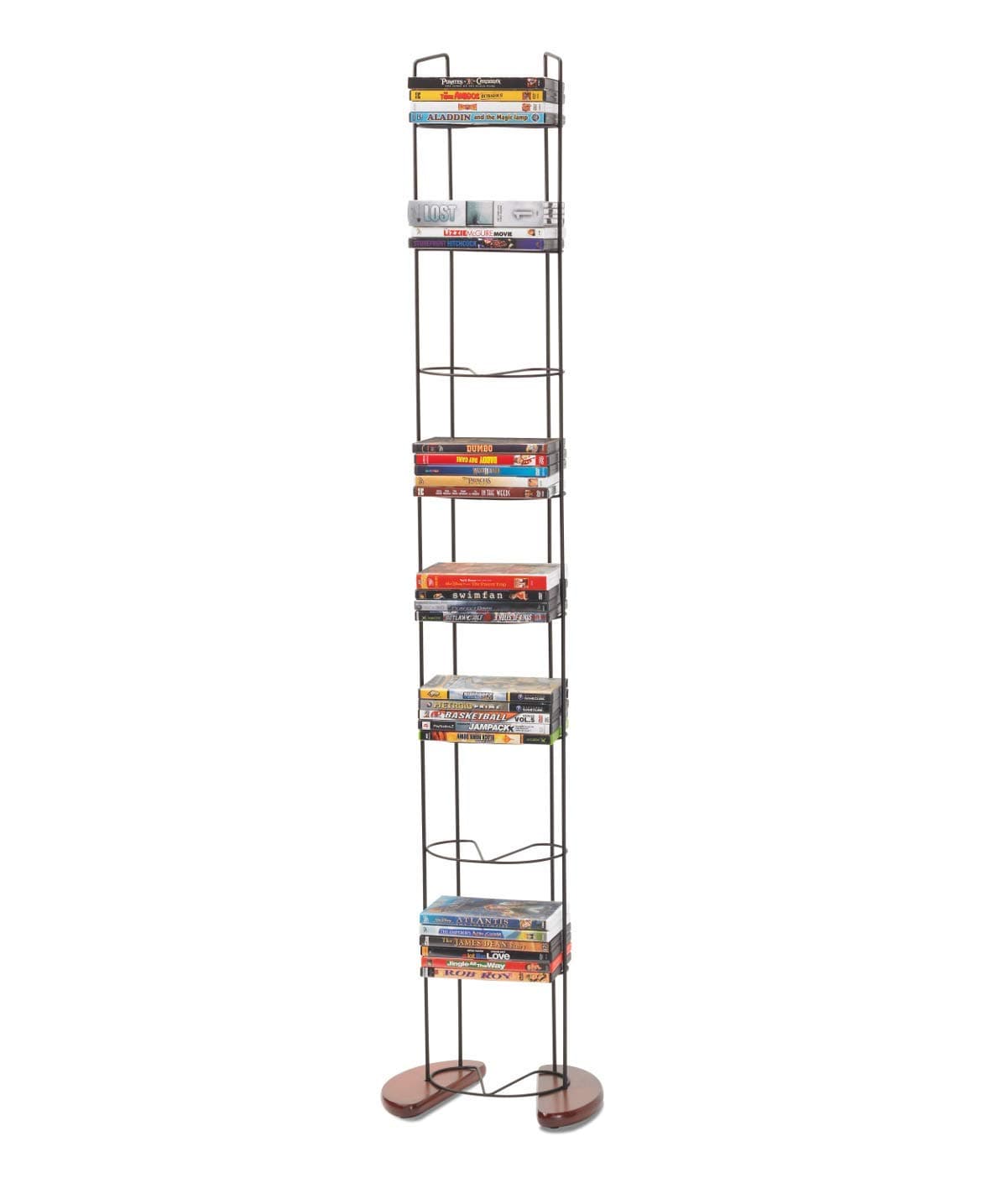 Atlantic Wire Frame Media Tower - 93 DVD Storage Rack, Wide Stable Base, PN 72212041 in Black Metal and Cherry Wood, Black & Wood