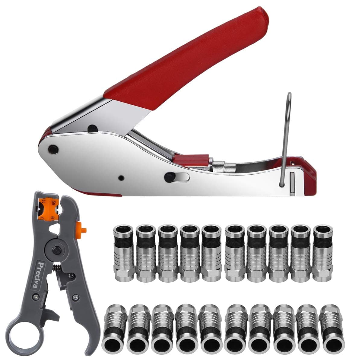 Compression Pliers Set, Crimping Pliers Stripping Tool RG59/RG6 with 20 Pieces Compression F-Connector for SAT Cable, Coaxial Cable