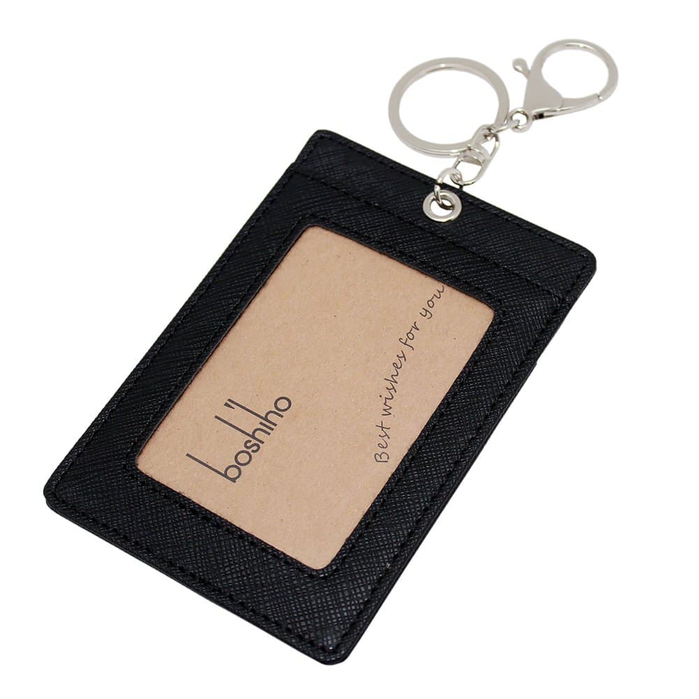 Vertical Style Leather ID Card Badge Holder with Keychain Key Ring