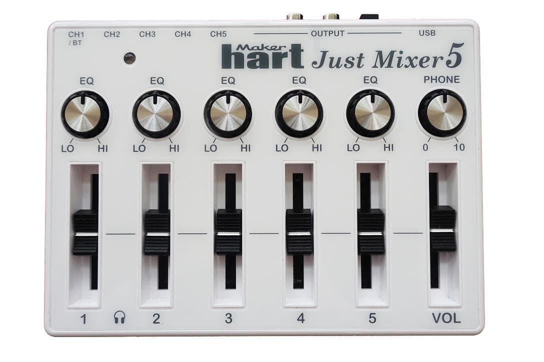 JUST MIXER 5 with Bluetooth Input & USB Audio Output - Compact USB Powered Stereo Desktop Mixer with 5 In (3.5mm / Bluetooth on CH1) and 3 Out (3.5mm / RCA/USB) for UK