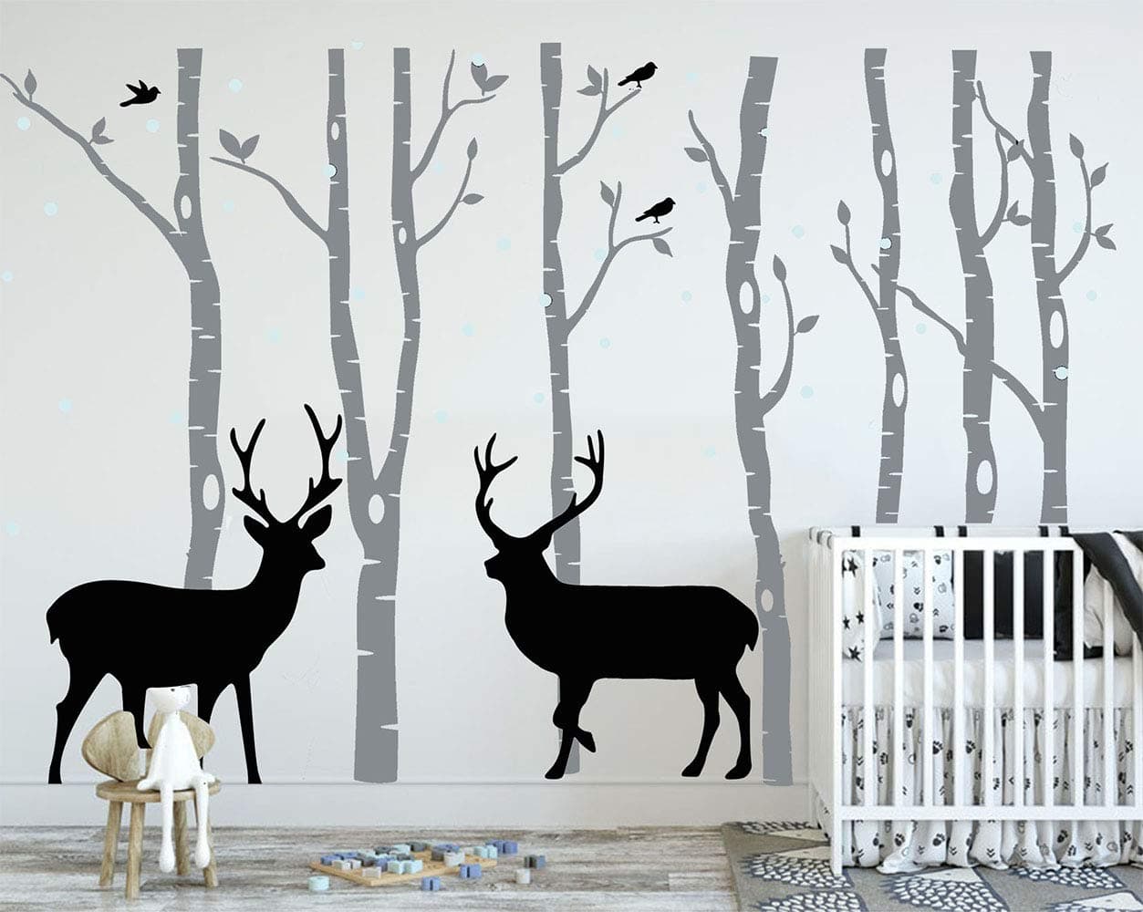 Birch Tree Deer Wall Decal Forest Birch Trees Vinyl Sticker Wall Decal Wall Stickers Kids Bedroom Decor Nursery Bedroom (Grey)