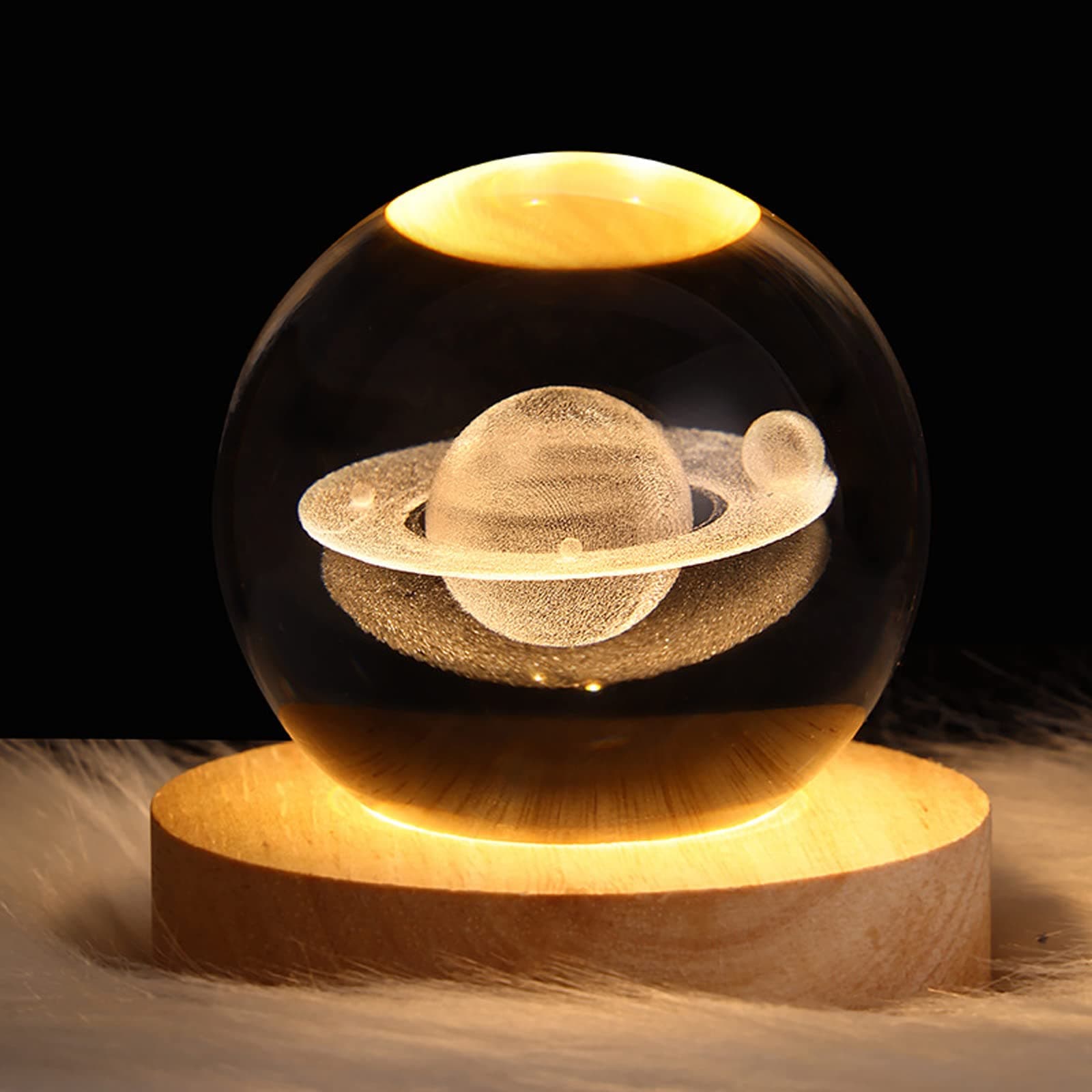 3D Galaxy Crystal Ball Night Light, LED Solar System Crystal Night Light with Wooden Base for Boys, Girls & Family (Saturn)