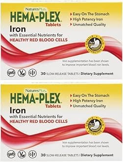 Nature's Plus Hema-Plex Iron - 30 Sustained Release Tablets, Pack of 2 - 85 mg Elemental Iron - Total Blood Health - with Vitamin C & Bioflavonoids - Vegan, Gluten Free - 60 Total Servings