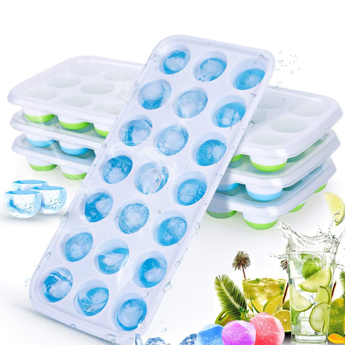 XIMU Silicone ice Cube Tray 4 Packs,【84 Ice Cube】Ice Cube Trays with Non-Spill Lid LFGB Certified BPA Free Moulds, Best for Freezer, Baby Food, Water, Whiskey, Cocktail and Other Drink