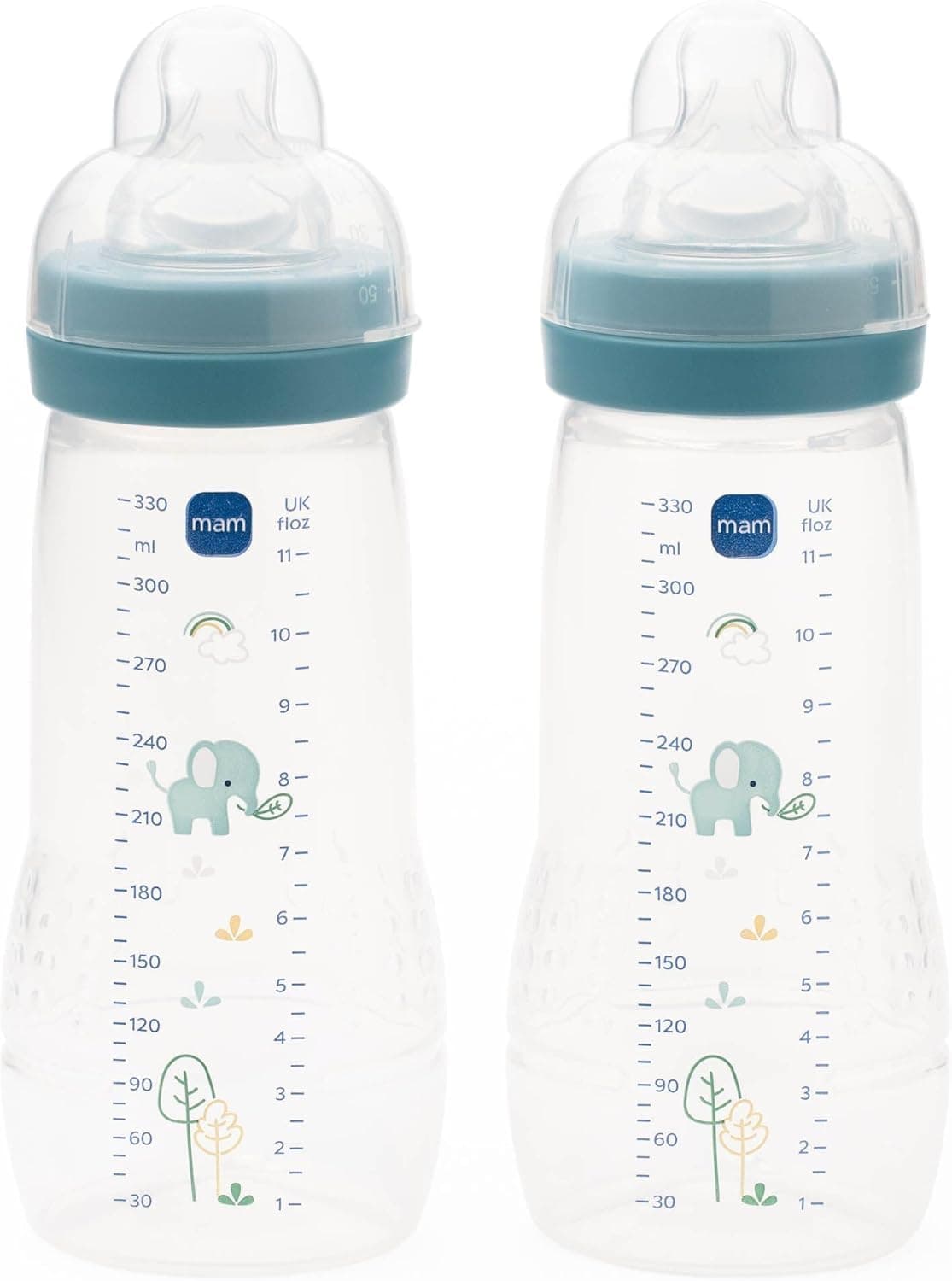 MAM Easy Active Baby Bottle with Fast Flow MAM Teats Size 3, Twin Pack, Baby Feeding, 330 ml, Blue (Designs May Vary)