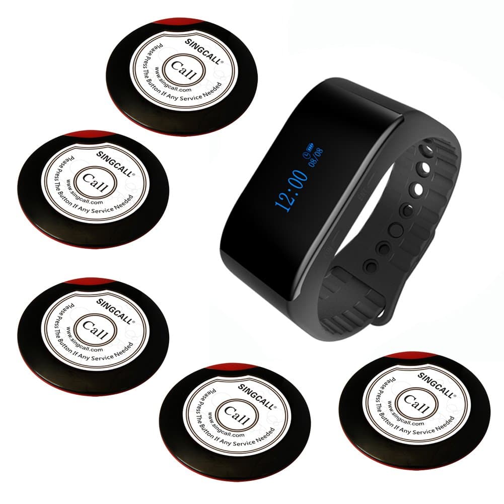 Wireless Calling System Waiter Service System, for Bank Restaurant Cafe Restaurant Hospital Factory Office, 5 Call Buttons 1 Waterproof Mobile Watch Receiver