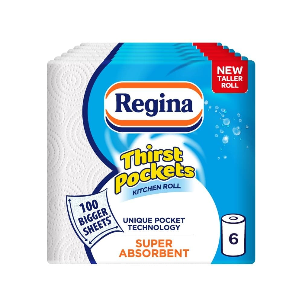 Regina Thirst Pockets Kitchen Roll - 6 Rolls, 600 Super Absorbent Sheets, Unique Pocket Technology, Your Ideal Kitchen Companion, FSC certified product