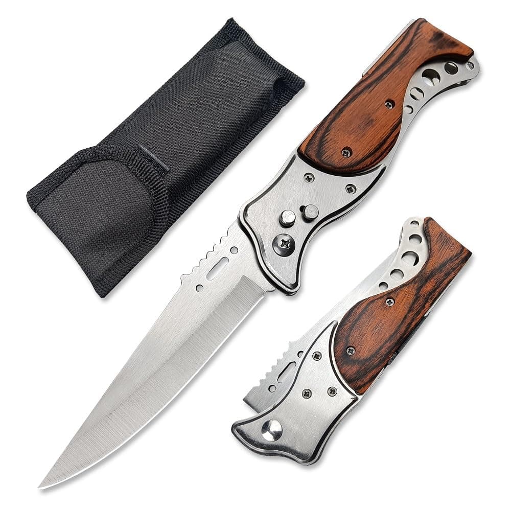 9.5" Folding Knives With Flashlight,Wood Handle Pocket Knife,Outdoor Camping Hiking Fishing Knife Men's Collection Gifts