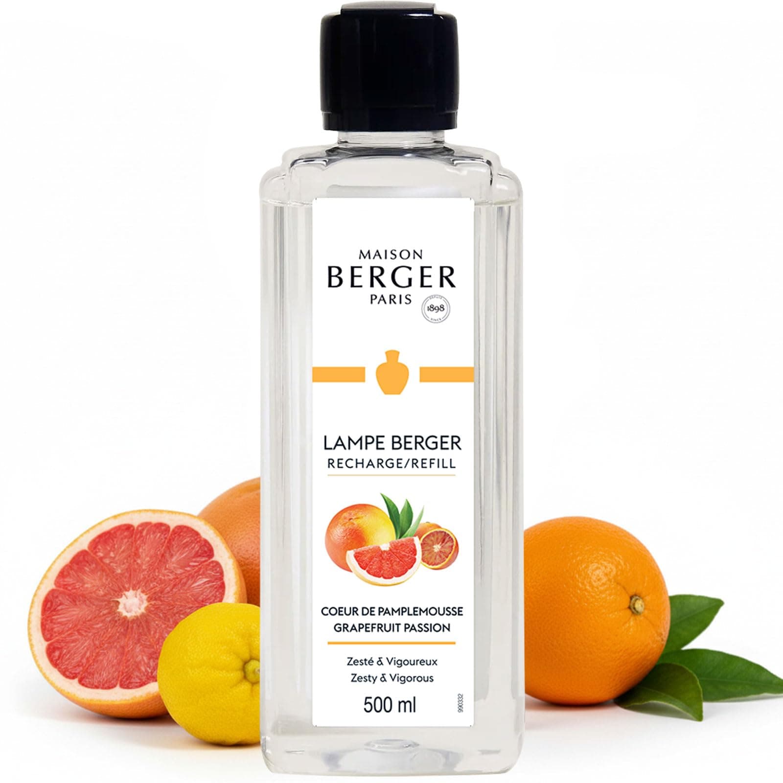 Maison Berger Grapefruit Passion Lampe Berger Refill, 500 ml (16.9 fl oz), Odor-Neutralizing Home Fragrance Oil, Blackcurrant Yuzu Orange Pink Grapefruit White Musk, Made in France