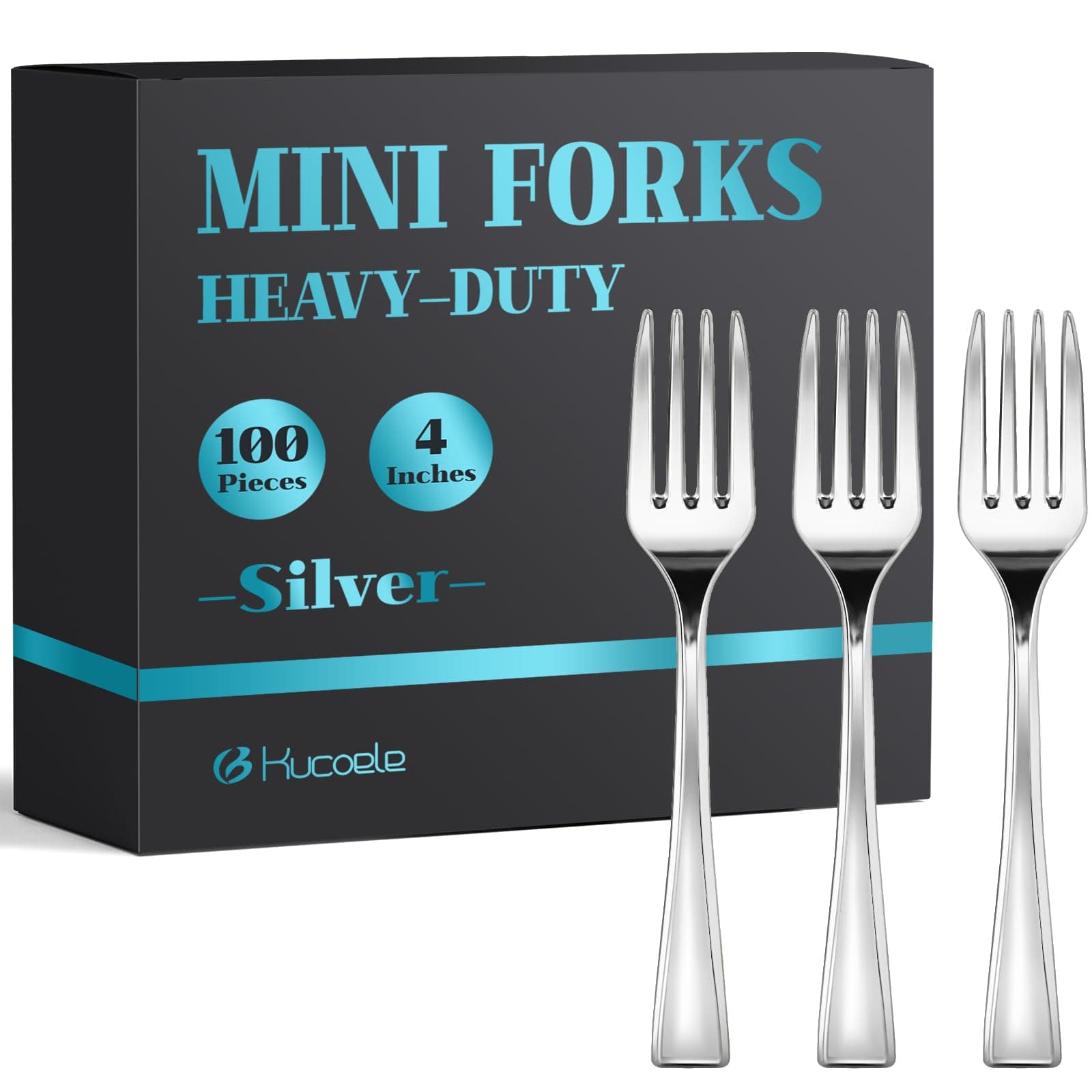 Kucoele 100 Pack Silver Mini Plastic Forks, 4 Inches Disposable Heavy Duty Appetizer Forks Small Tasting Forks for Desserts, Fruits, Cake Pops, Strawberries