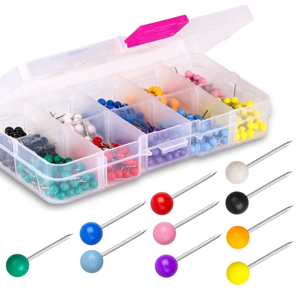 Yalis Push Pins Map Tacks Marking Pins 1/8-Inch Plastic Beads Head, 10 Assorted Colors