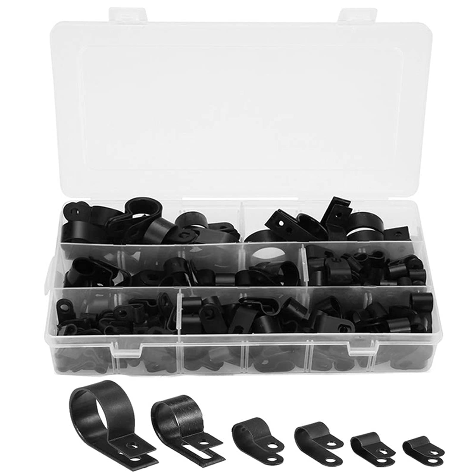 Orgrimmar 200 Pcs Black Nylon Plastic R-Type Cable Clamps 3/16" 1/4" 3/8" 1/2" 3/4" 1" Clips Fasteners Assortment for Cable Conduit