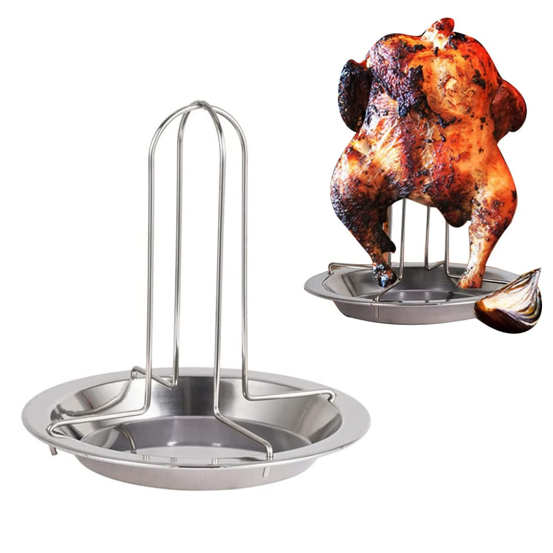 Chicken Roaster Rack, Vertical Roaster Holder with Drip Pan, Stainless Steel Folding Chicken Roast Rack Duck Roaster for Charcoal Grill Oven and Roaster