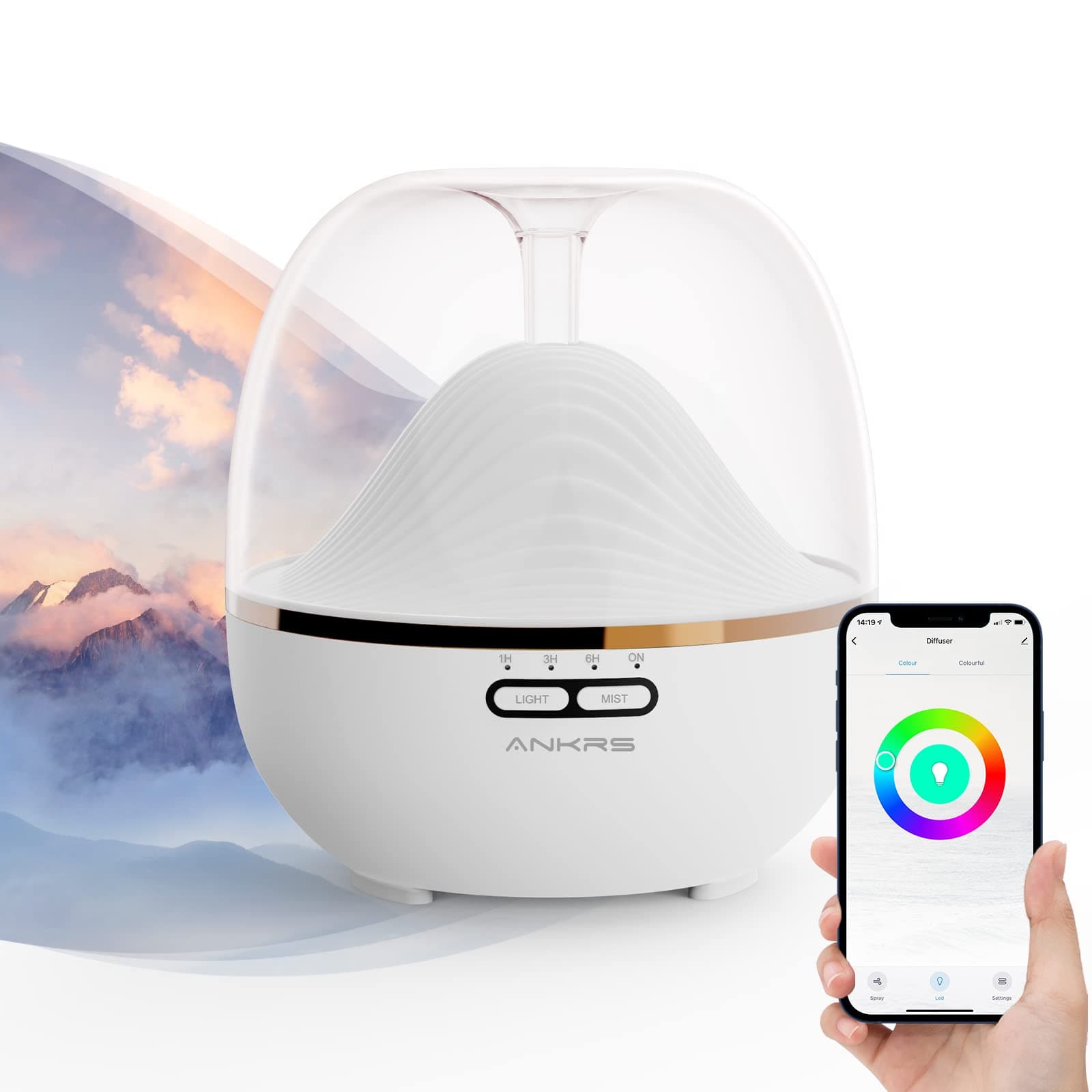 Ankrs Smart WiFi Essential Oil 600ml Air Diffuser & Humidifier Compatible with Alexa/Google Home, Mountain Scent Diffuser with Multicolor LED, Timer for Bedroom Large Room & Home-Snow White