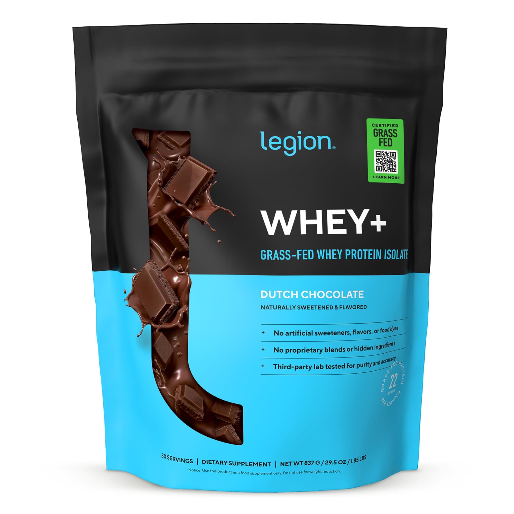 LEGION Whey+ Protein Whey Isolate from Grass Fed Cows (Chocolate, 30 Servings) - Whey Protein Isolate Powder Low Calorie, Non-GMO, Sugar Free, Lactose and Gluten Free, All Natural Protein Powder