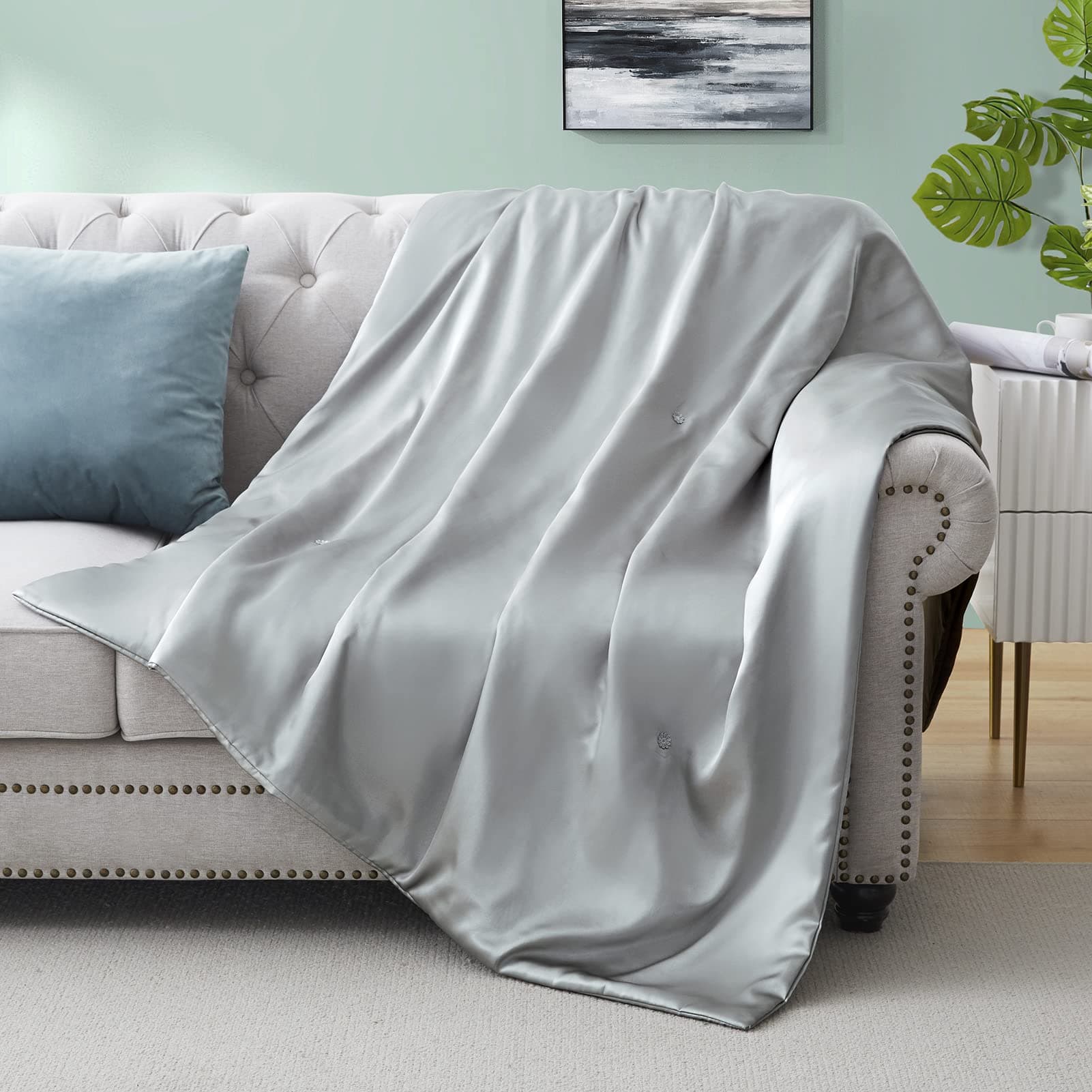 Lanest Housing Silk Throw Blanket - Silver Grey Cooling Packable Satin Blanket for Couch, Bed, Camping, Outdoor, Travel, Car - Super Soft Lightweight Cozy Blanket(50'' x 60'', Silver Gray)