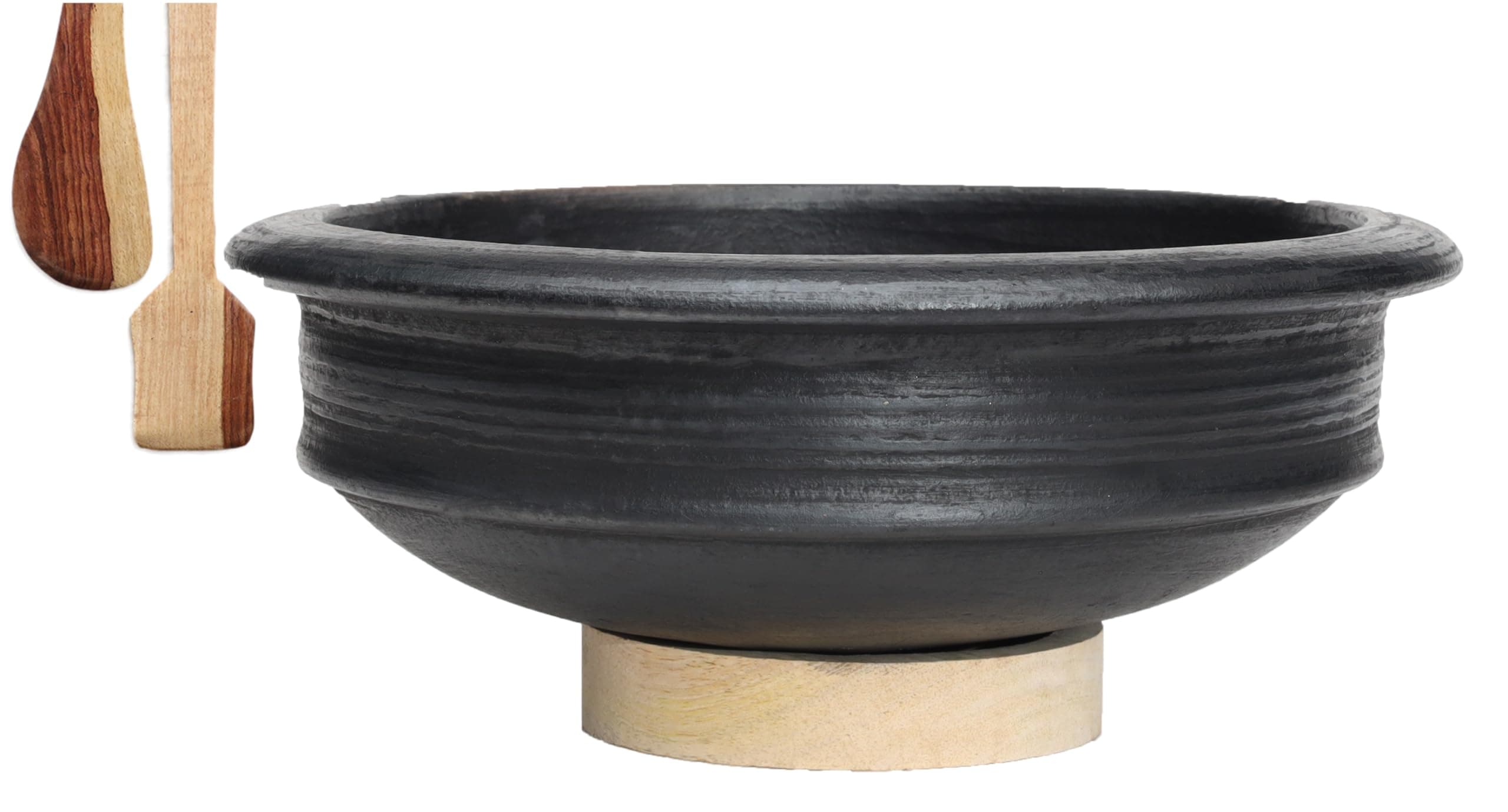 Deep Burned Clay Pot/Earthen/Mud/Mitti Handi For Cooking And Serving 2 Liter, Matte Polished, Black