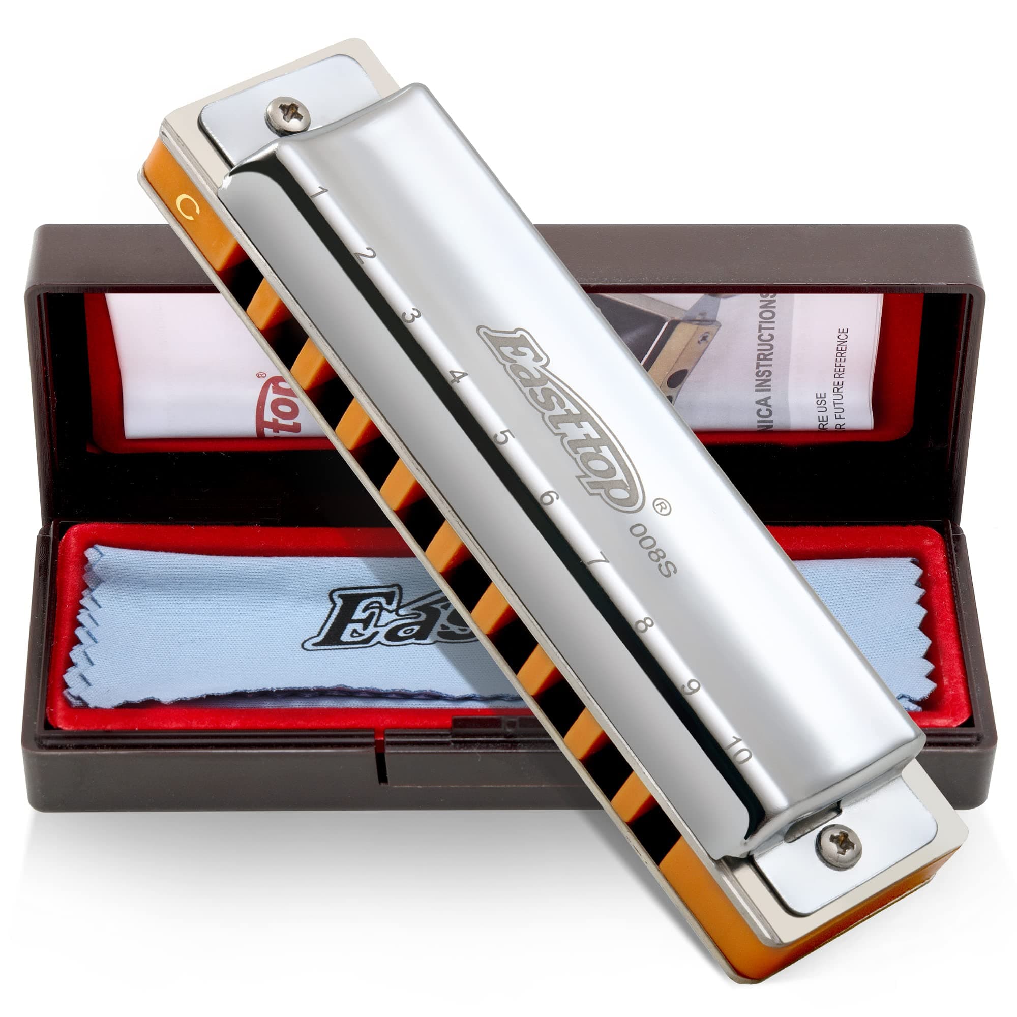 East top Harmonica, Advanced Diatonic Harmonica Key of C, 10 Holes Mouth Organ Harmonica with Silver Cover, Blues Harmonicas For Adults, Professionals and Students