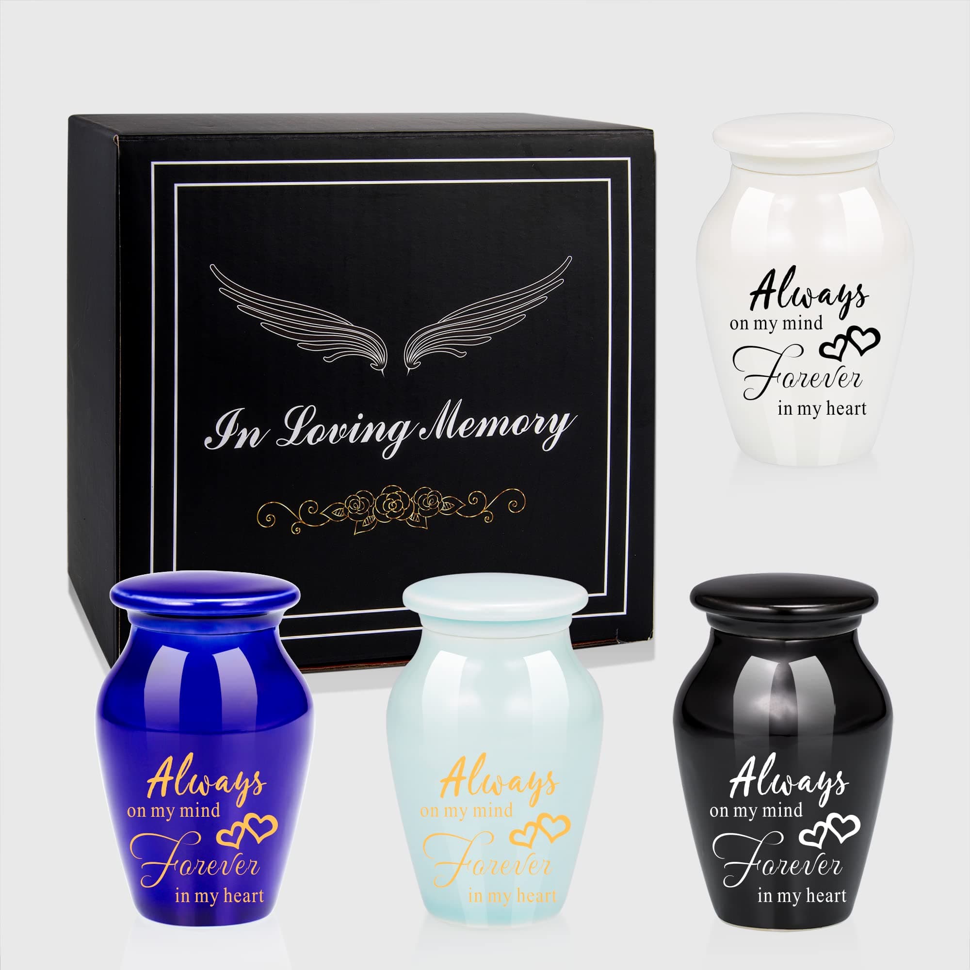 4pcs Small Urns for Human Ashes Always On My Mind Forever in My Heart Cremation Urns for Ashes Memorial Keepsake Urns-Premium Box & Spoon Included Sharing Funeral Urn