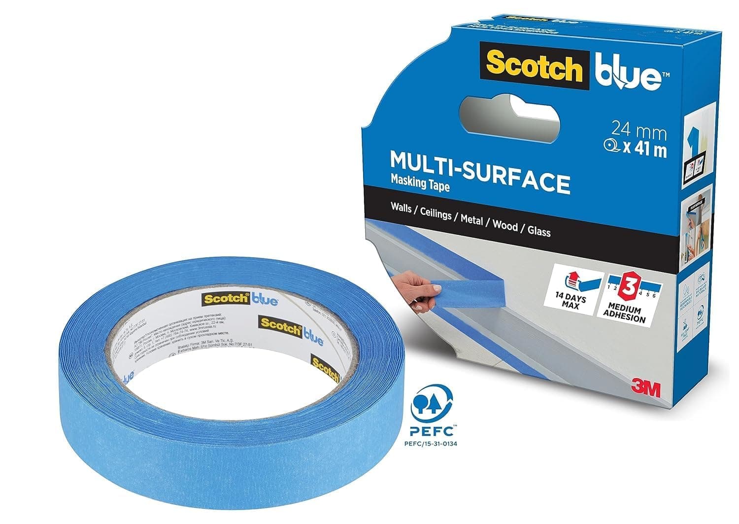 ScotchBlue Multi-Surface Premium Masking Tape, 24mm x 41m, 1 Roll/Pack - Scotch Adhesive Blue Painters Tape, For Painting and Decorating, Indoor & Outdoor, Sticks Well, 70% PEFC