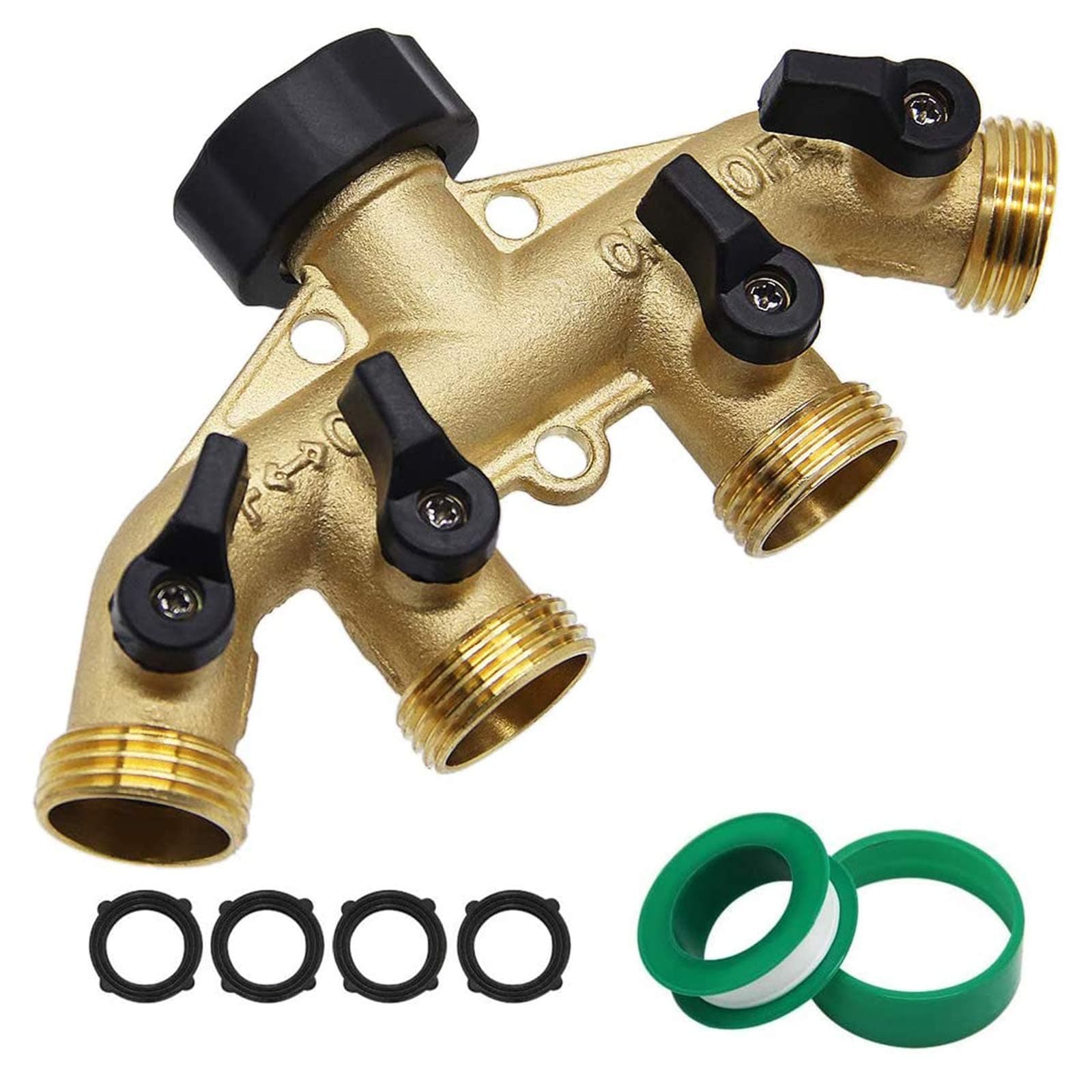4 Way Heavy Duty Brass Garden Hose Splitter, Hose Connector 3/4", Hose Spigot Adapter with 4 Valves
