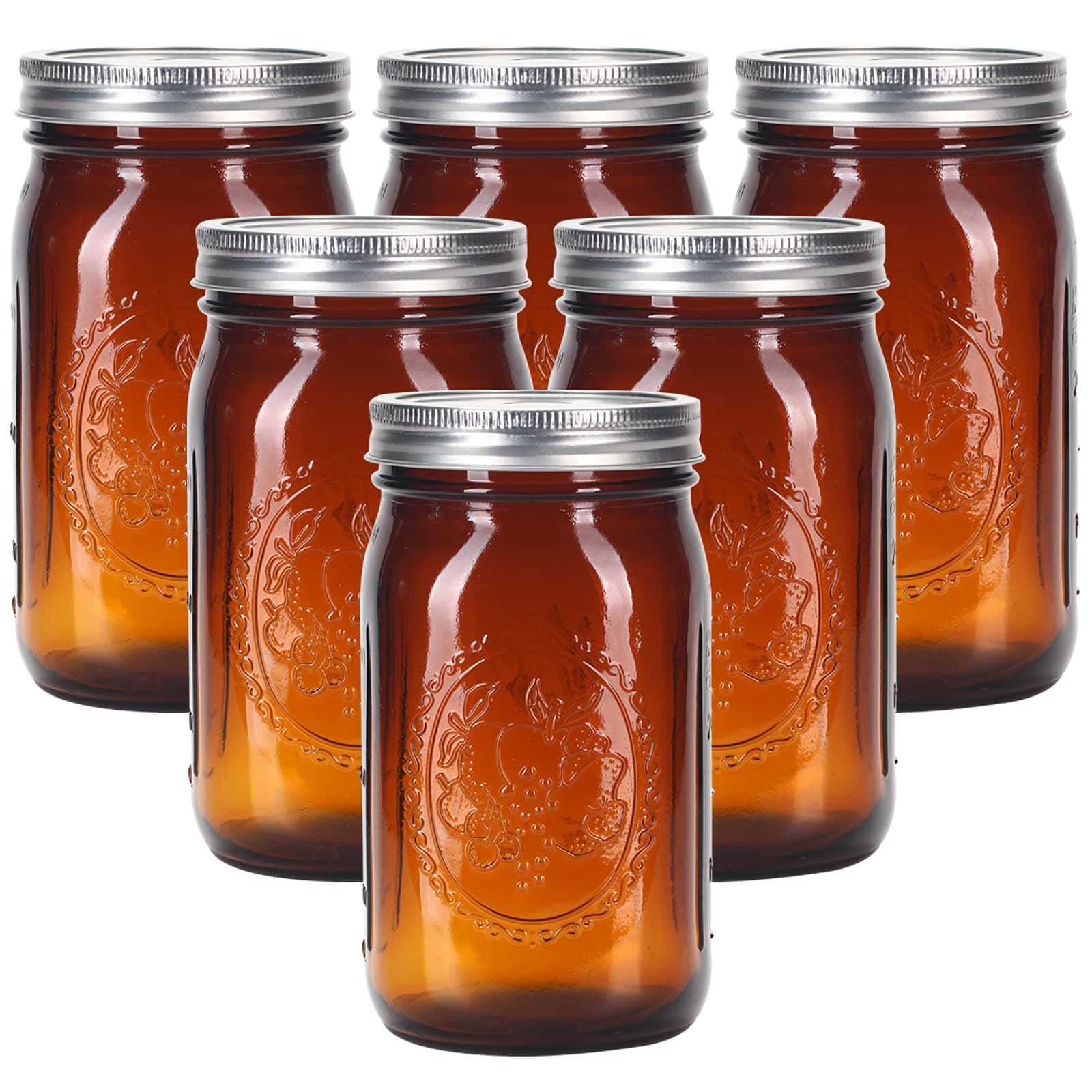 Amber Glass Mason Jars 32 oz Wide Mouth with Airtight Lids and Bands 6 Pack Large Glass Canning Mason Jars Quart,Great for Canning Jar Pickle Fermenting Jam Jar