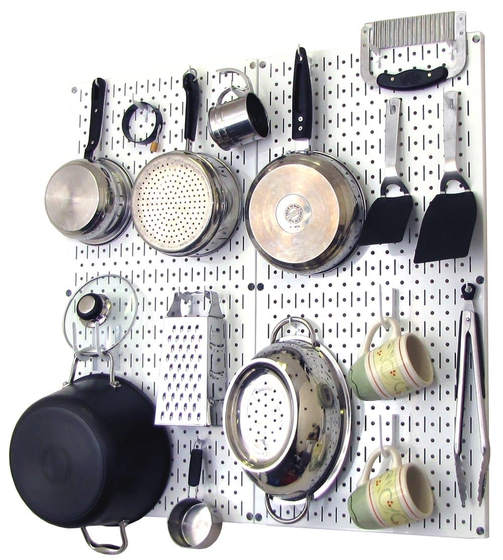 Wall Control Kitchen Pegboard Organizer Pots and Pans Storage Rack Organization Kit with White Pegboard and White Accessories