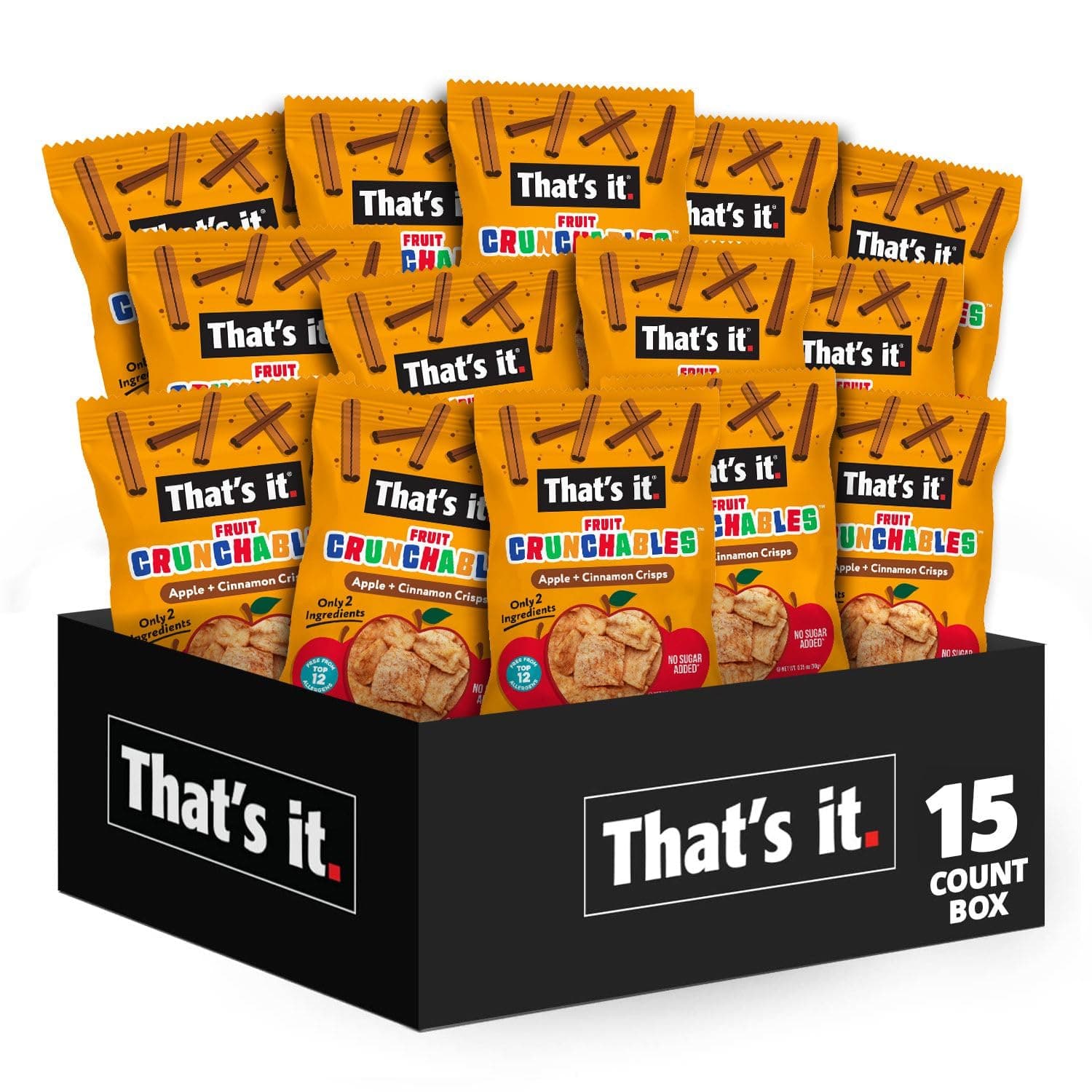 That’s it. Fruit Crunchables Apple + Cinnamon Crisps, 15-Pack – 100% Plant-Based Fruit Snacks for Kids, Non-GMO, Gluten-Free, No Added Sugar, Allergen-Free, Healthy Lunchbox Snack for Kids & Adults