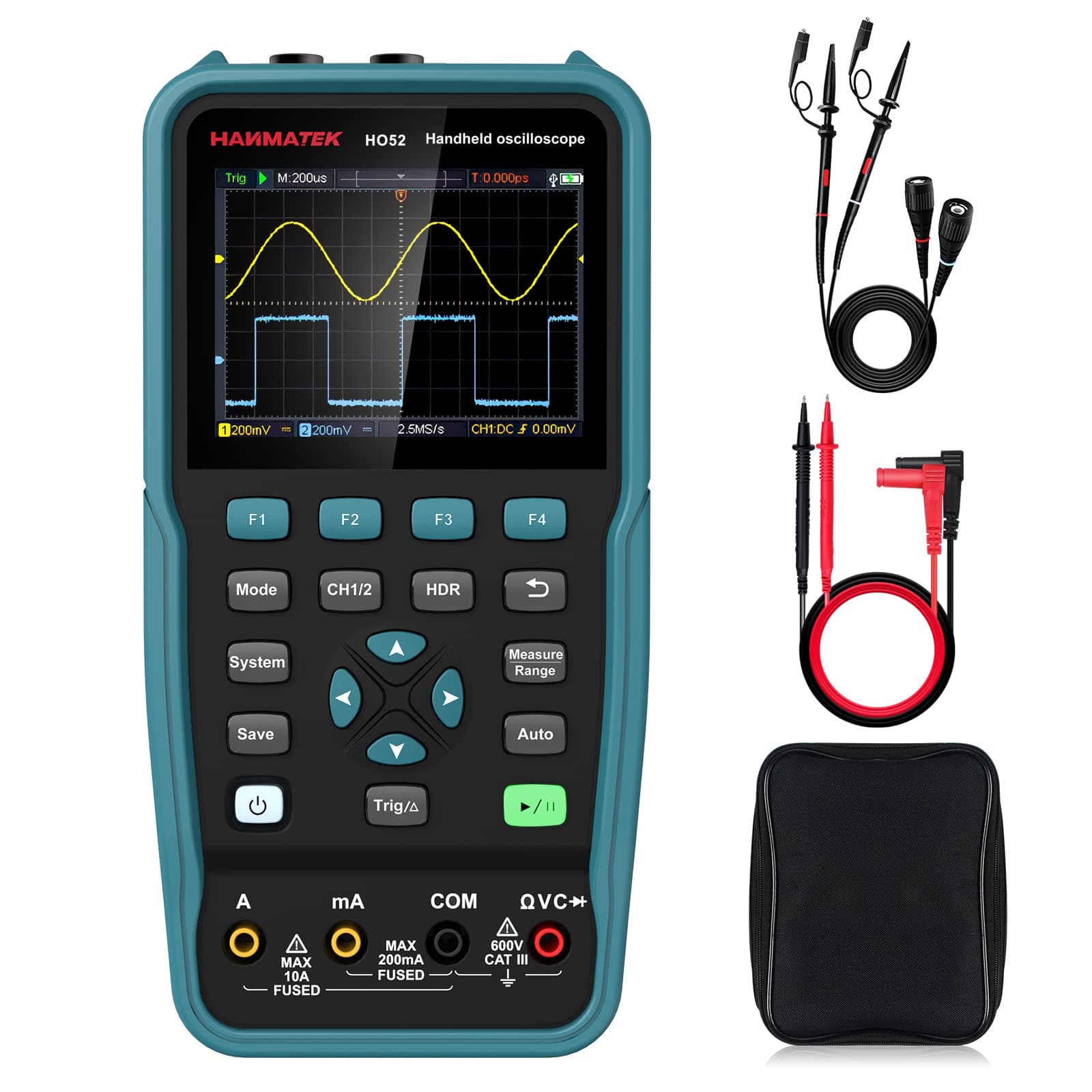 Handheld 2 in 1 Oscilloscope and Multimeter 50Mhz Bandwidth with 2 Channels HO52 3.5"TFT, Backlit Screen, Auto-Calibration Function, Memory Function