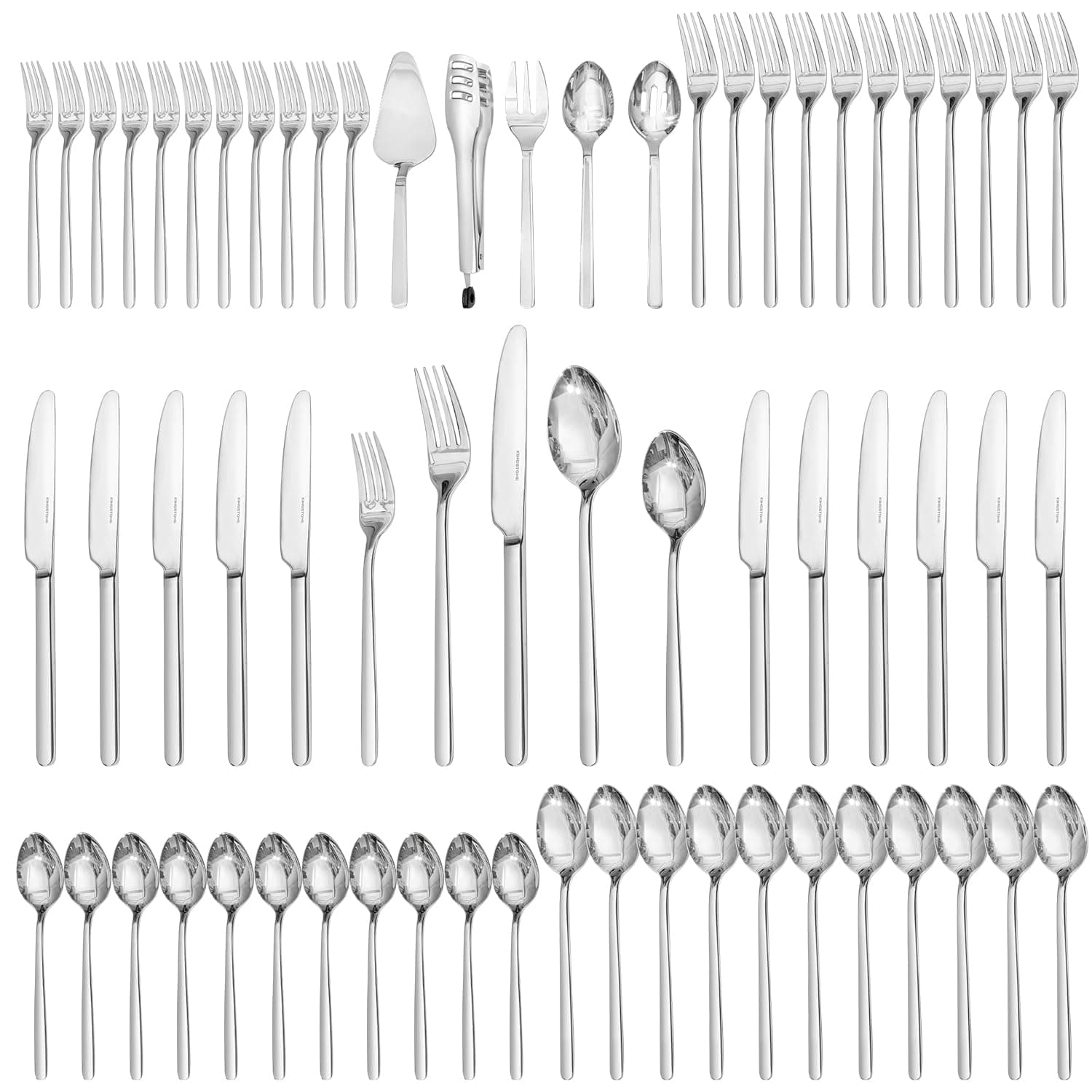 KINGSTONE Silverware Set With Serving Utensils, 65 Piece Flatware for 12, 18/10 Cutlery With 5 Piece Serving Utensil Set - Modern and Original Design, Dishwasher Safe